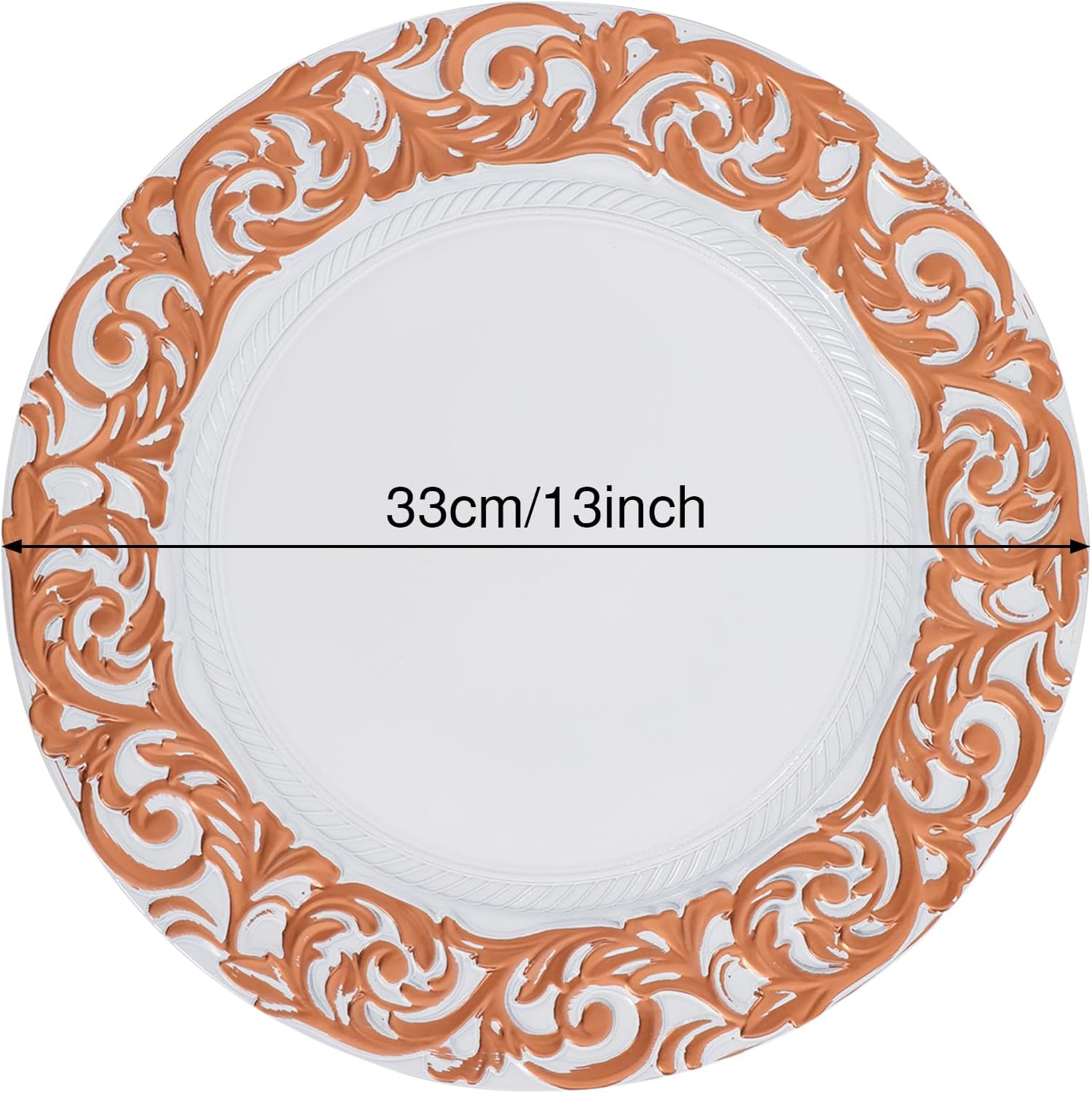 13 Inch Charger Plates Set of 50 - Elegant White+Rose Gold Plastic Dinner Plates for Weddings, Holiday Parties & Events, Reusable Classic Chargers for Table Decor (White+Rose Gold)