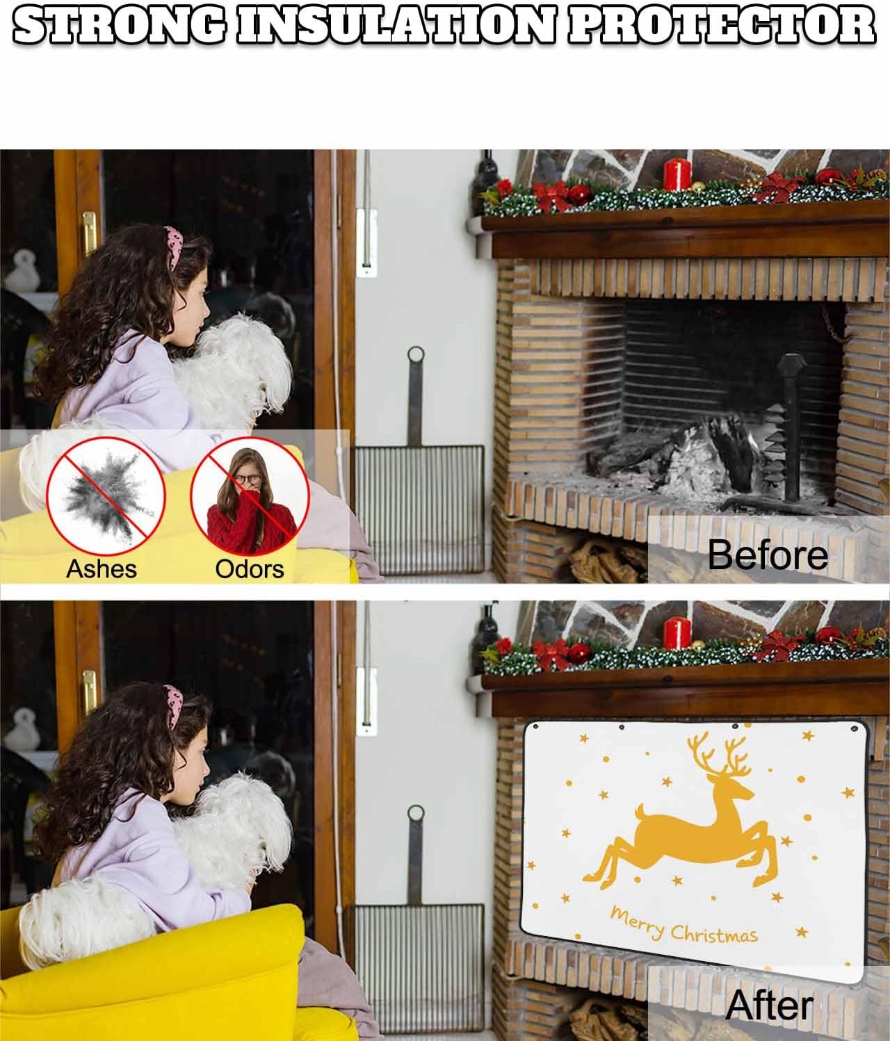 Merry Christmas Fireplace Screen Magnetic Fireplace Cover for Living Room Washable Indoor Fireplaces Draft Cover Christmas Fireplaces Screen, Xmas Elk Winter Yellow Deer 36"x27"