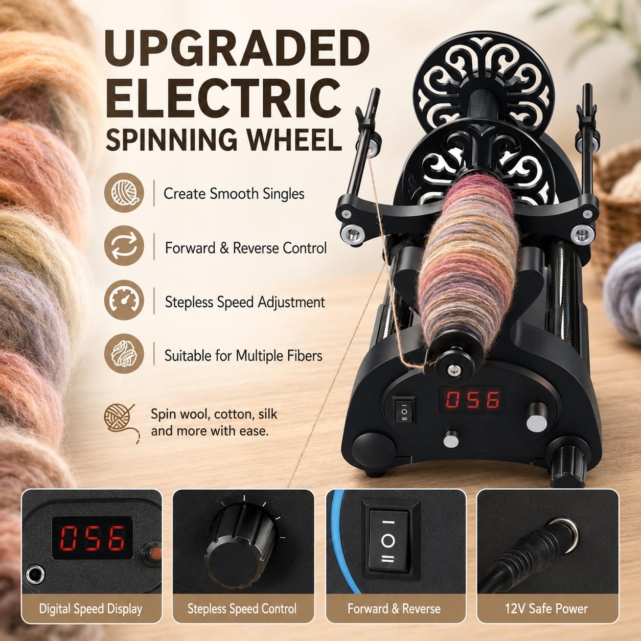 Rueda giratoria eléctrica de lana, bobinadora de bolas de fibra de 12 V con carrete doble de 120 g/240 g, giratorio de hilo con pantalla digital, hacia adelante y hacia atrás para torsión de lana