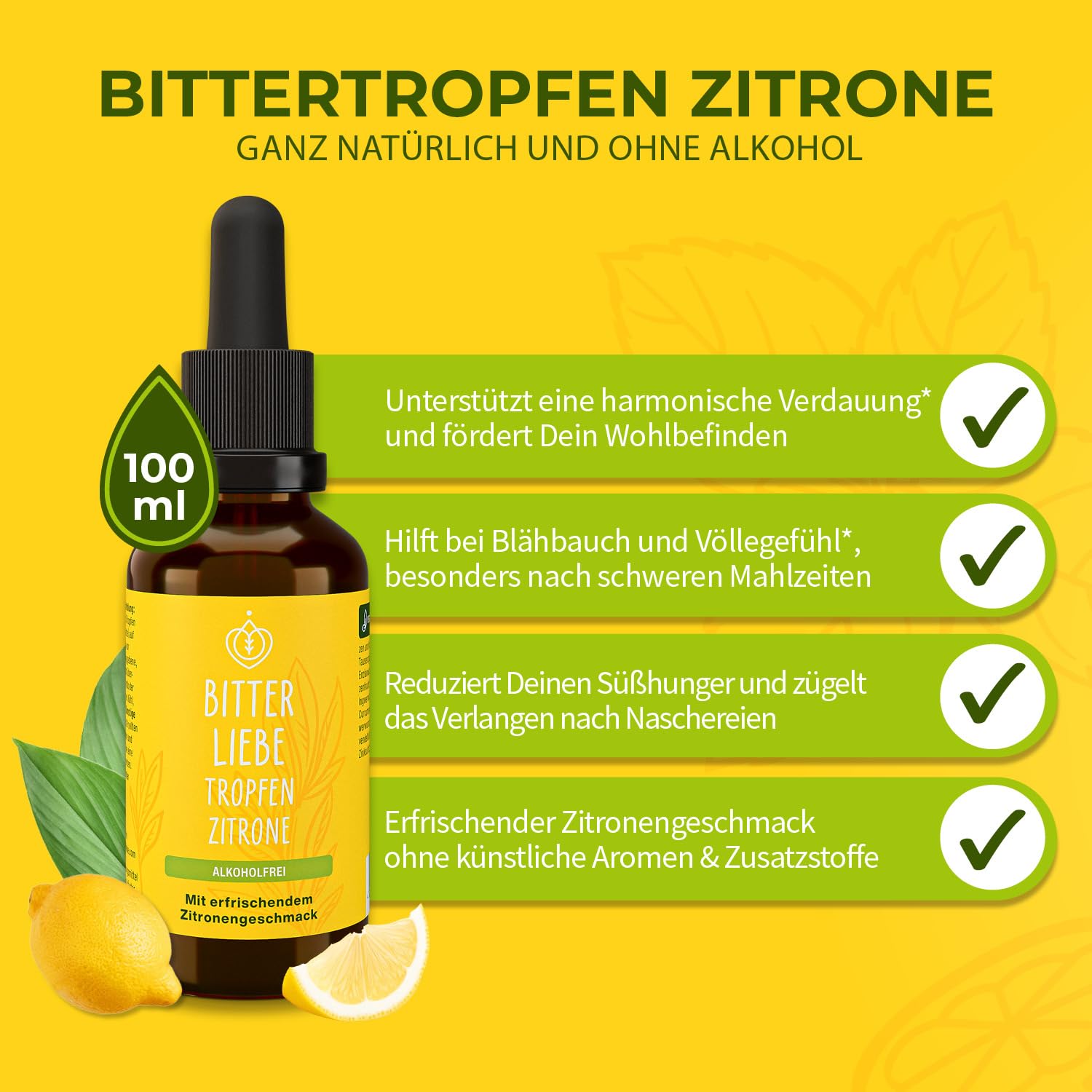 BitterLiebe - Bittertropfen Zitrone ohne Alkohol 100ml - Bitterstoffe Tropfen mit Zink und Zitronengeschmack - nach Hildegard von Bingen - vegan & alkoholfrei - in Deutschland hergestellt