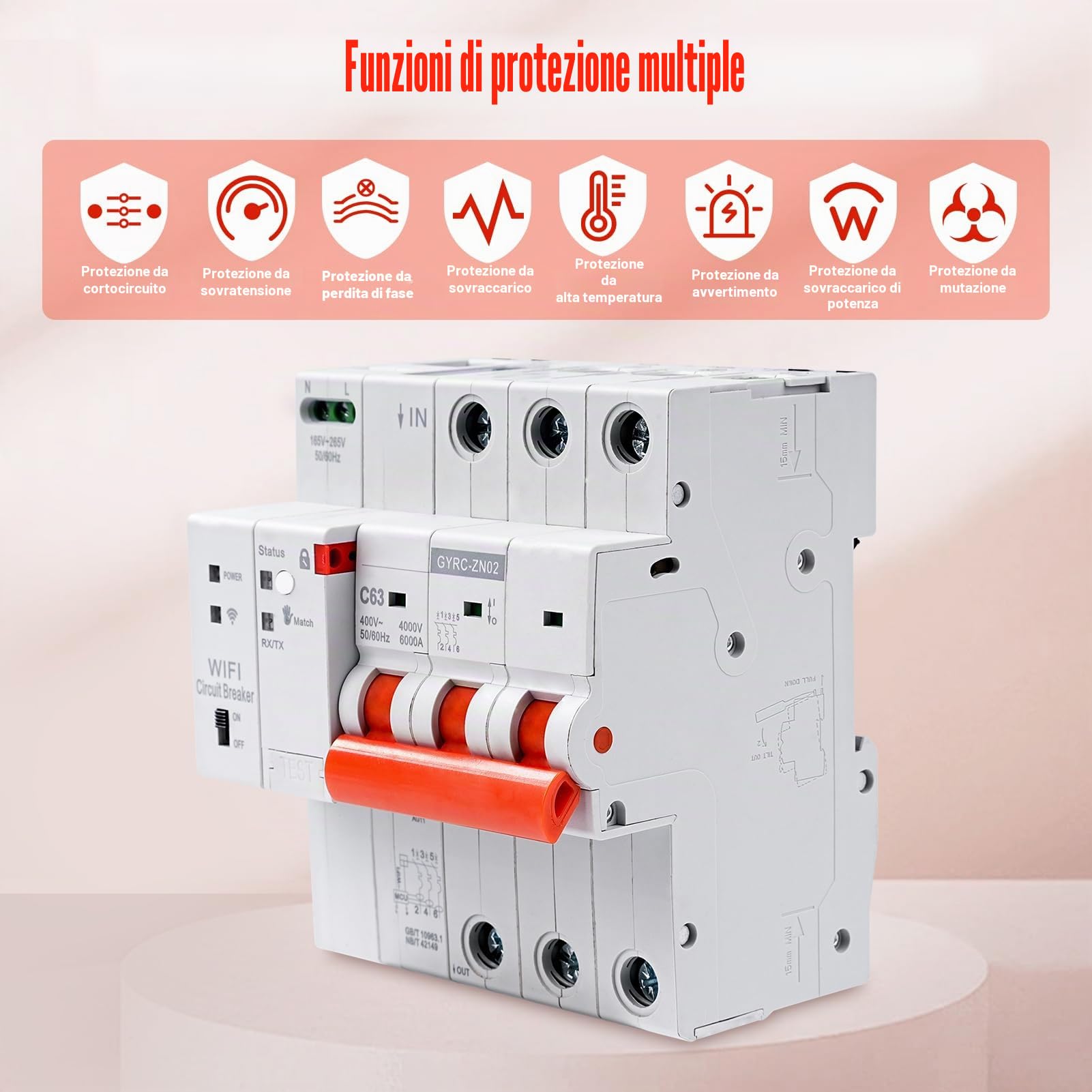 Jadeshay Interruttore Magnetotermico WiFi,3P 63A Salvavita con Riarmo Automatico WiFi Controllo Remoto Tramite APP Tuya sul Cellulare con Timer Protezione Sovratensione Sottotensione e Sovraccarico