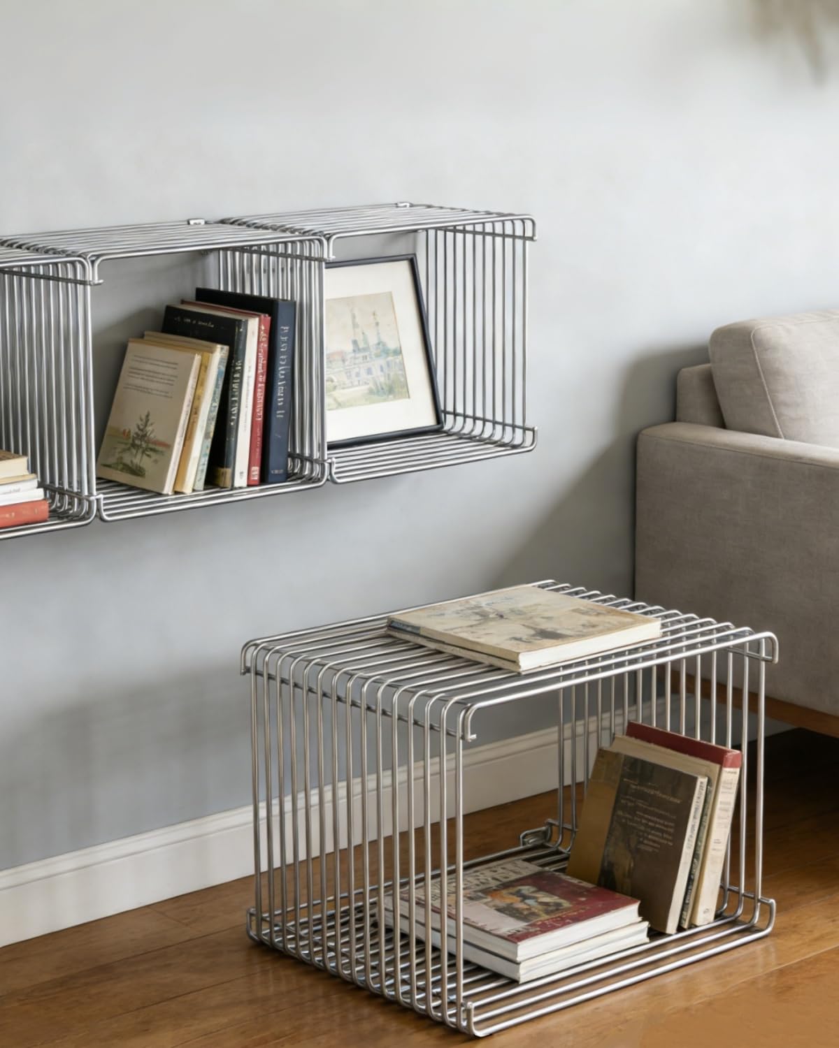 Square Metal Side Table, Small Silver End Table and Nightstand with Magazine Storage, Powder-Coated Iron with Stainless Steel-Inspired Look, Freestanding or Wall Mounted