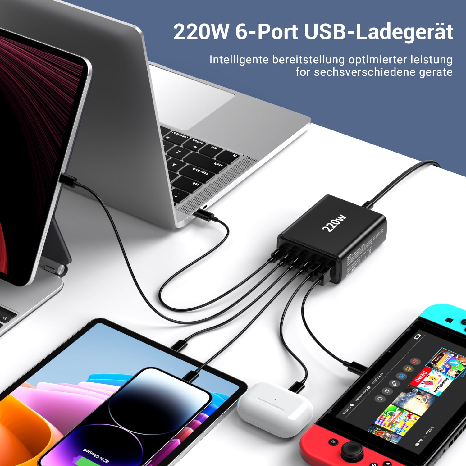 Ombrex 220W USB C Schnellladegerät, 6-Port USB C Ladegerät, PD Charger + QC Netzteil für MacBook Pro/Air, Laptop, iPad Pro, iPhone 17/16 Series, Galaxy, Pixel (4 C-Port + 2 A-Port) Schwarz