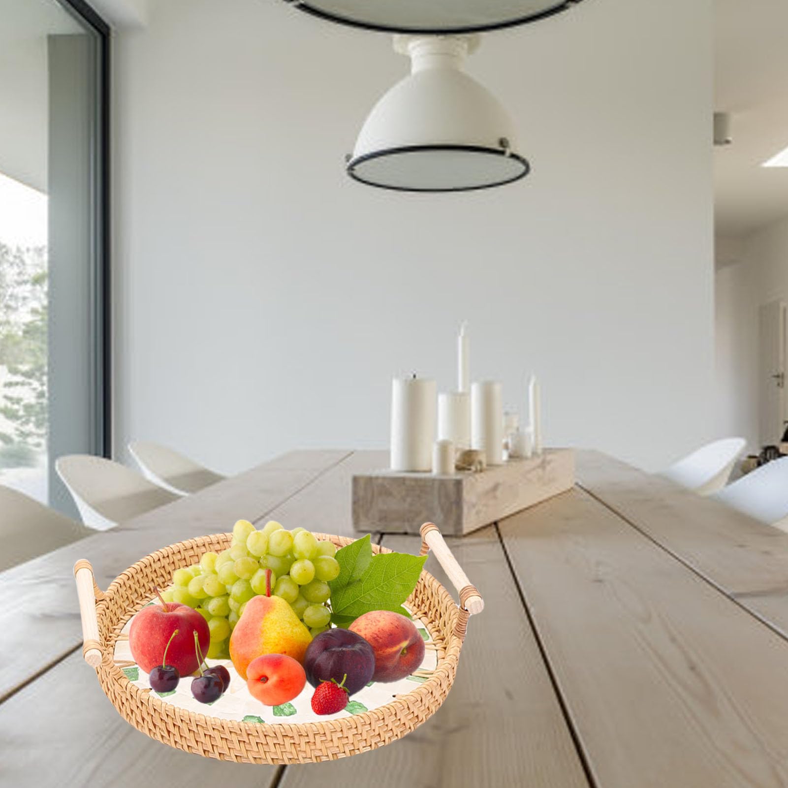 Cryfokt Bandeja de Mimbre Versátil para Servir, Cestas Redondas Tejidas para Servir Aperitivos, Frutas y Comidas con Estilo, Ratán y Concha Otoñal, 3 uds. (Tipo 1)