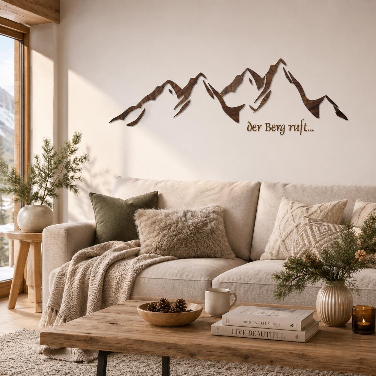 LAVICO|M Wanddekoration aus Holz, Der Berg ruft, Berg Silhouette, Holzdekoration, Wanddeko, Wohnzimmer, Alpen, Berge, 3D Bergpanorama – 120 cm (B)