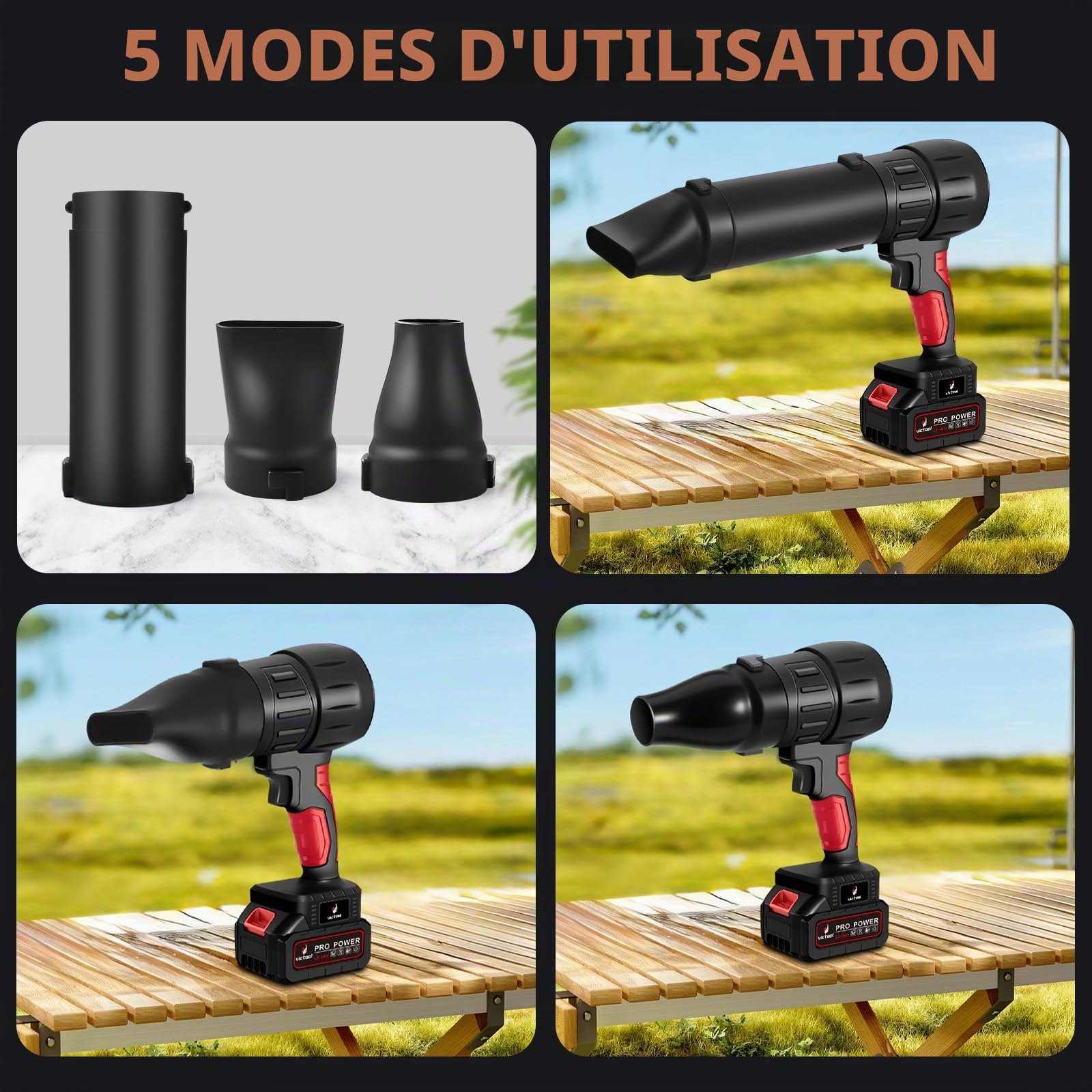 Souffleur à feuilles turbo à main avec ventilateur sans fil, 800W 35000 tr/min avec batterie 1300mAh et 3 buses, souffleur à air portable pour feuilles, poussière, neige, déblayage de voiture