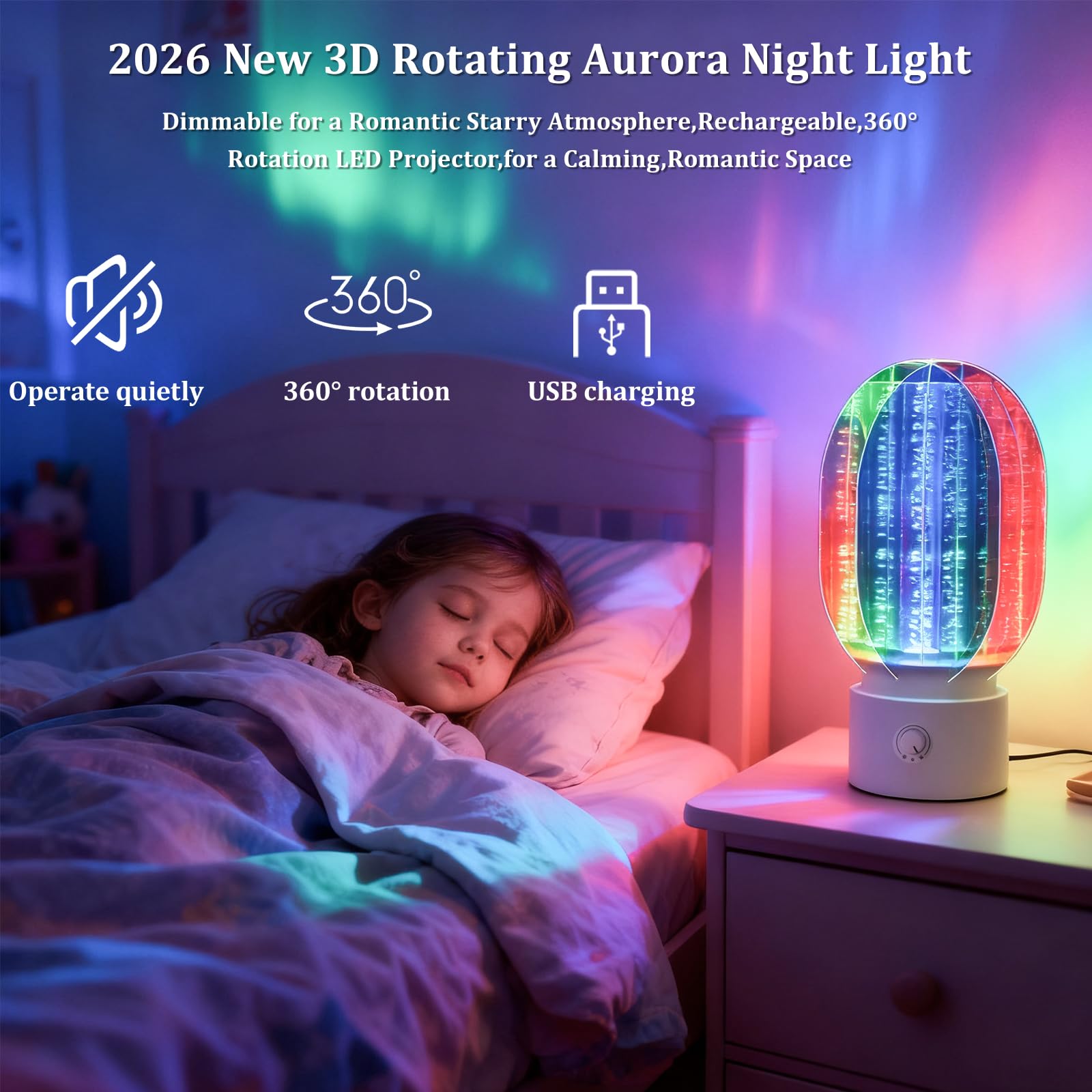 Lámpara de Noche Aurora 3D Giratoria Regulable, para un Ambiente Romántico Estrellado, Proyector LED Giratorio de 360°, Decoración para la Habitación de los Niños
