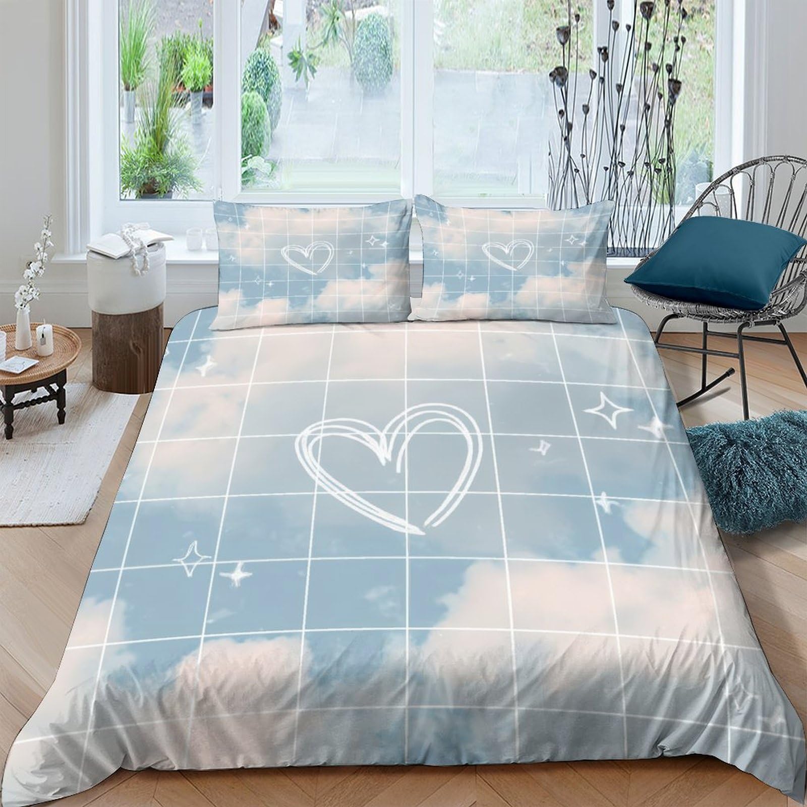 GPLZQXKJNH 3D Printed Sky Clouds Duvet Cover Microfiber Soft Heart Grid Bedding Set with 2 Pillowcases for Bedroom Decor Single（135x200cm）