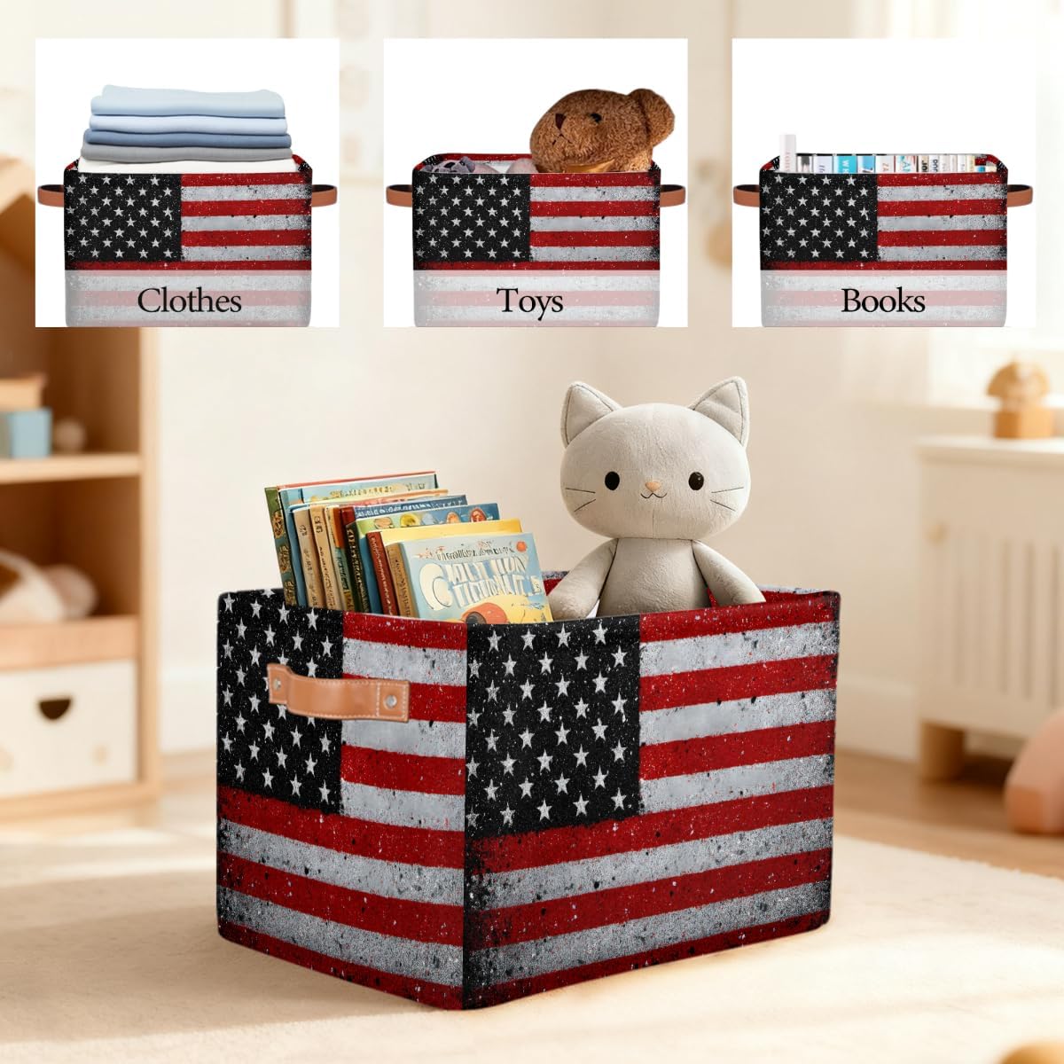 Pardick Storage Baskets Bin, Vintage American Flag Collapsible Canvas Fabric Storage Bin Decorative Baskets Toy Organizer Rectangle Storage Boxes with handles for Home Shelves Nursery,1Pack,C-03