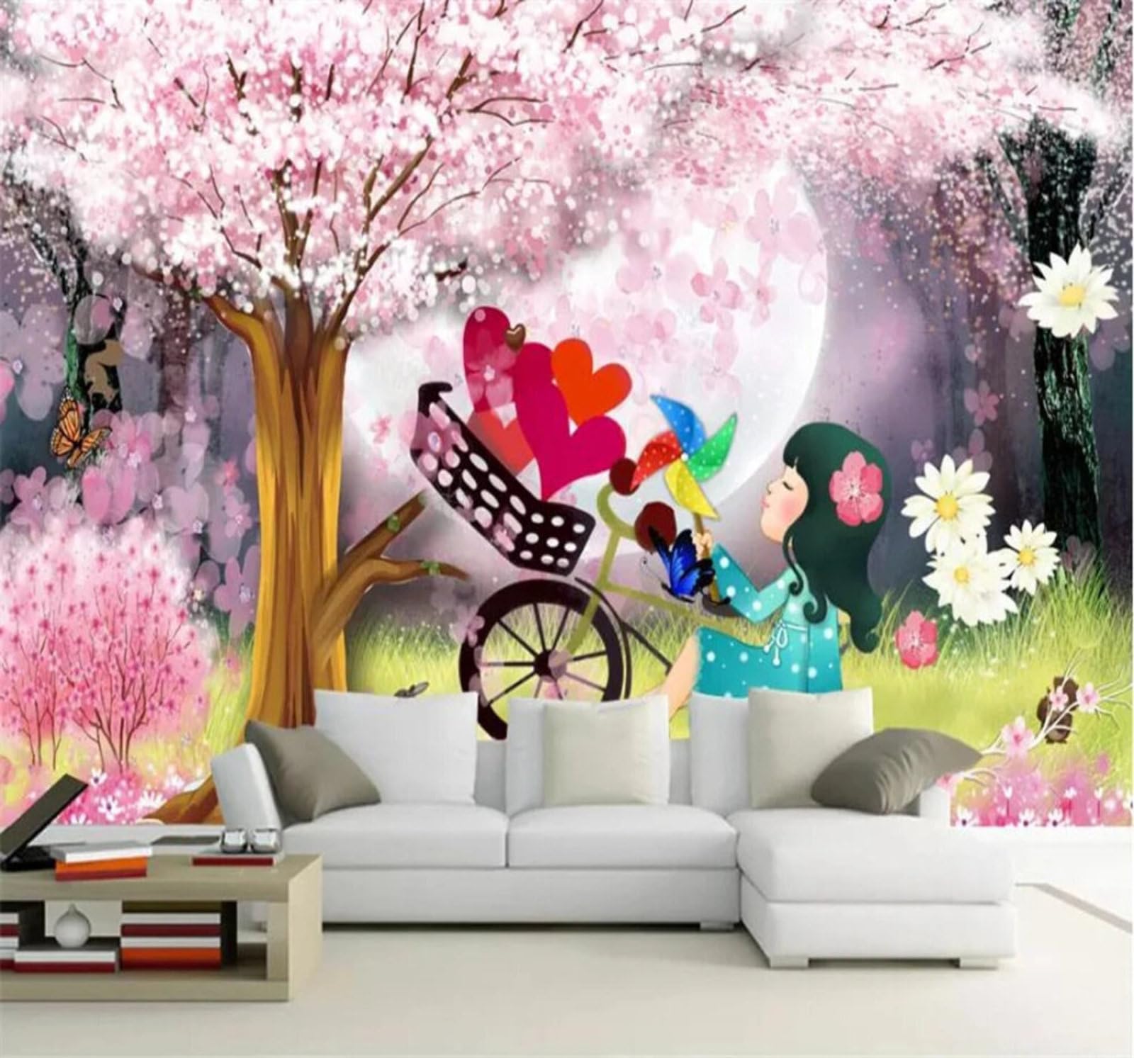 Dreamy Beautiful Cherry Blossom Tree Cartoon Characters 3D Wallpaper Easy Install Feature Office Living Room Sofa Bedroom TV Background Wall Decoration-400cm×280cm