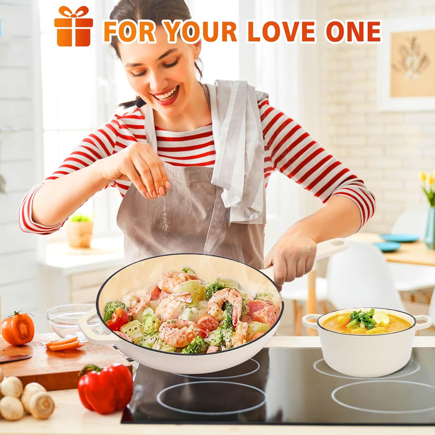 Enameled Cast Iron Cookware Set, 5-Piece Ceramic Coated Pots & Pans with Dutch Oven and Lid, PFAS/PTFE/PFOA-Free, Induction Gas Oven Safe, Cream White Cookware Set - Image 7