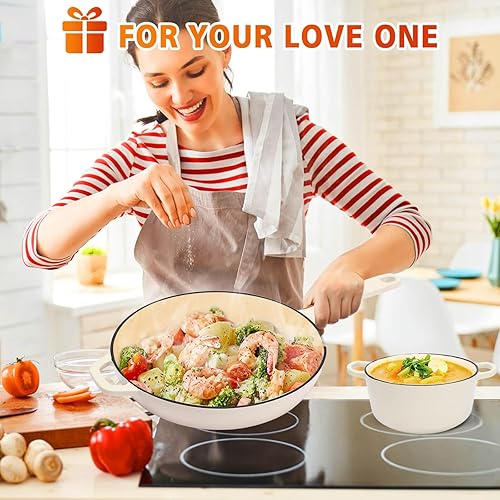 Miniatura 7 de Juego de ollas y sartenes de hierro fundido esmaltado, juego de 5 piezas de ollas y sartenes con revestimiento cerámico con horno holandés y tapa,