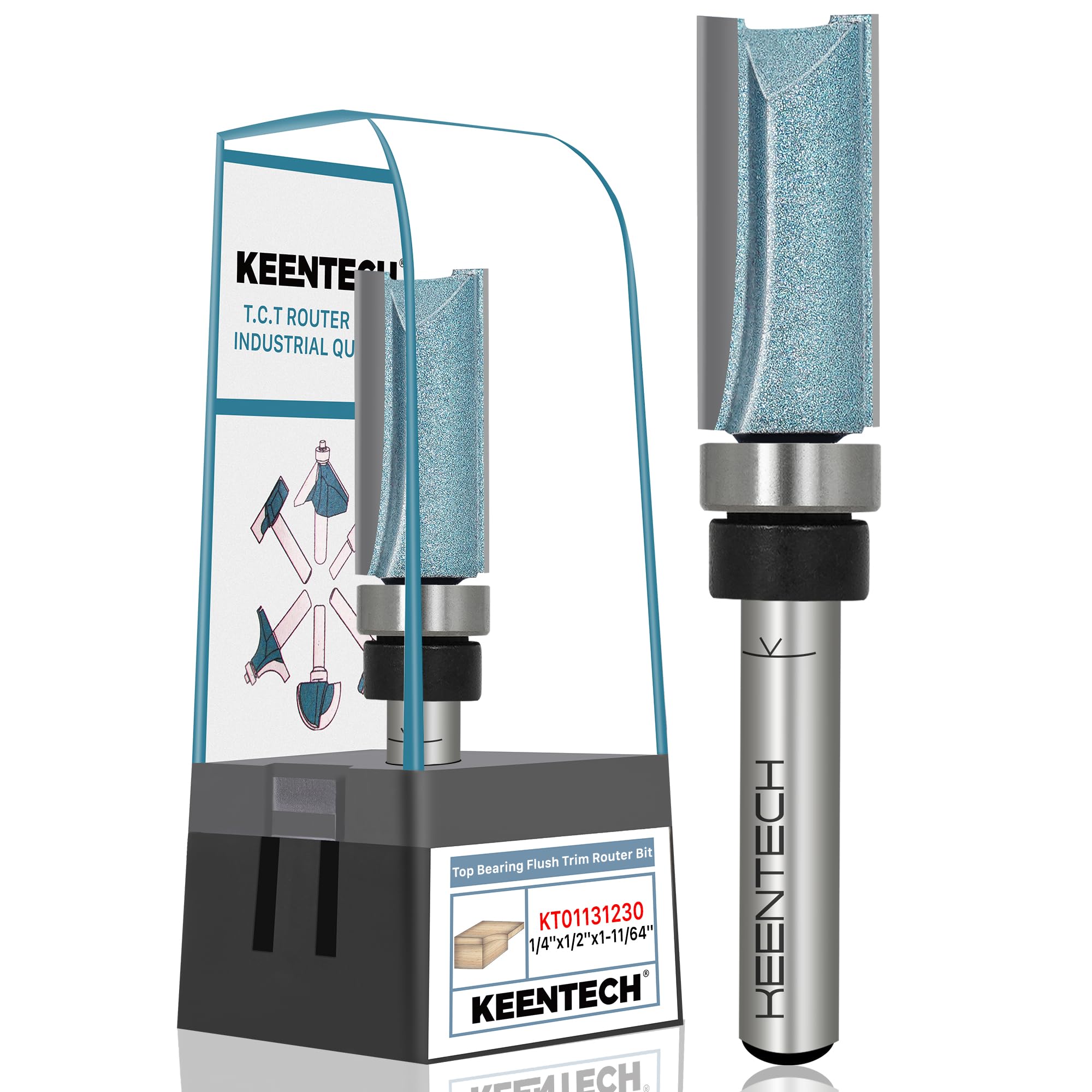 KEENTECH Router Bits 1/4" Shank, Flush Trim Router Bit, Top Bearing Carbide Tipped Pattern Bit, Template Straight Heavy Duty Woodworking Trimming