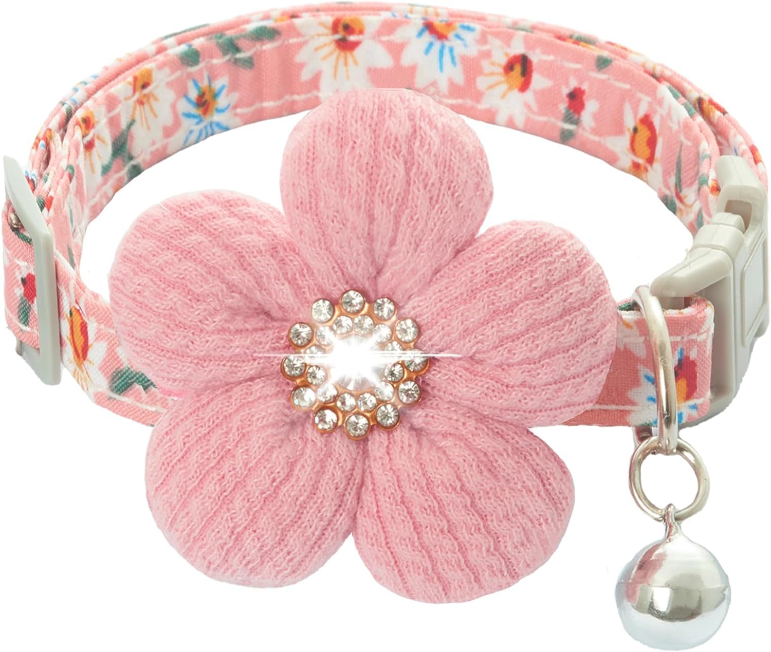 Girl puppy collar flower dog collar, dog collar with bells for small dogs,dog collar with flower attached (Pink)