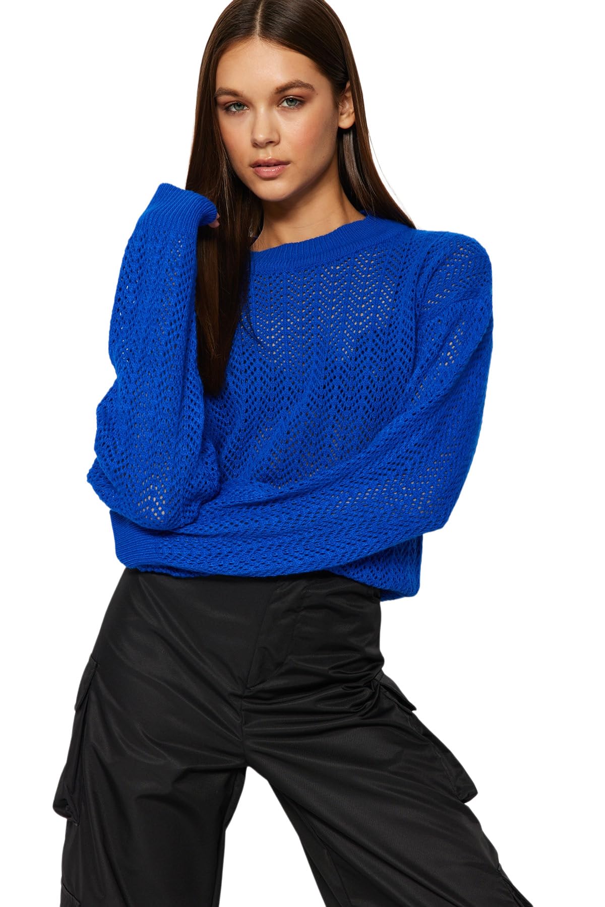 Trendyol FeMan Oversize Basic Crew Neck Knitwear Sweater,Sax,S