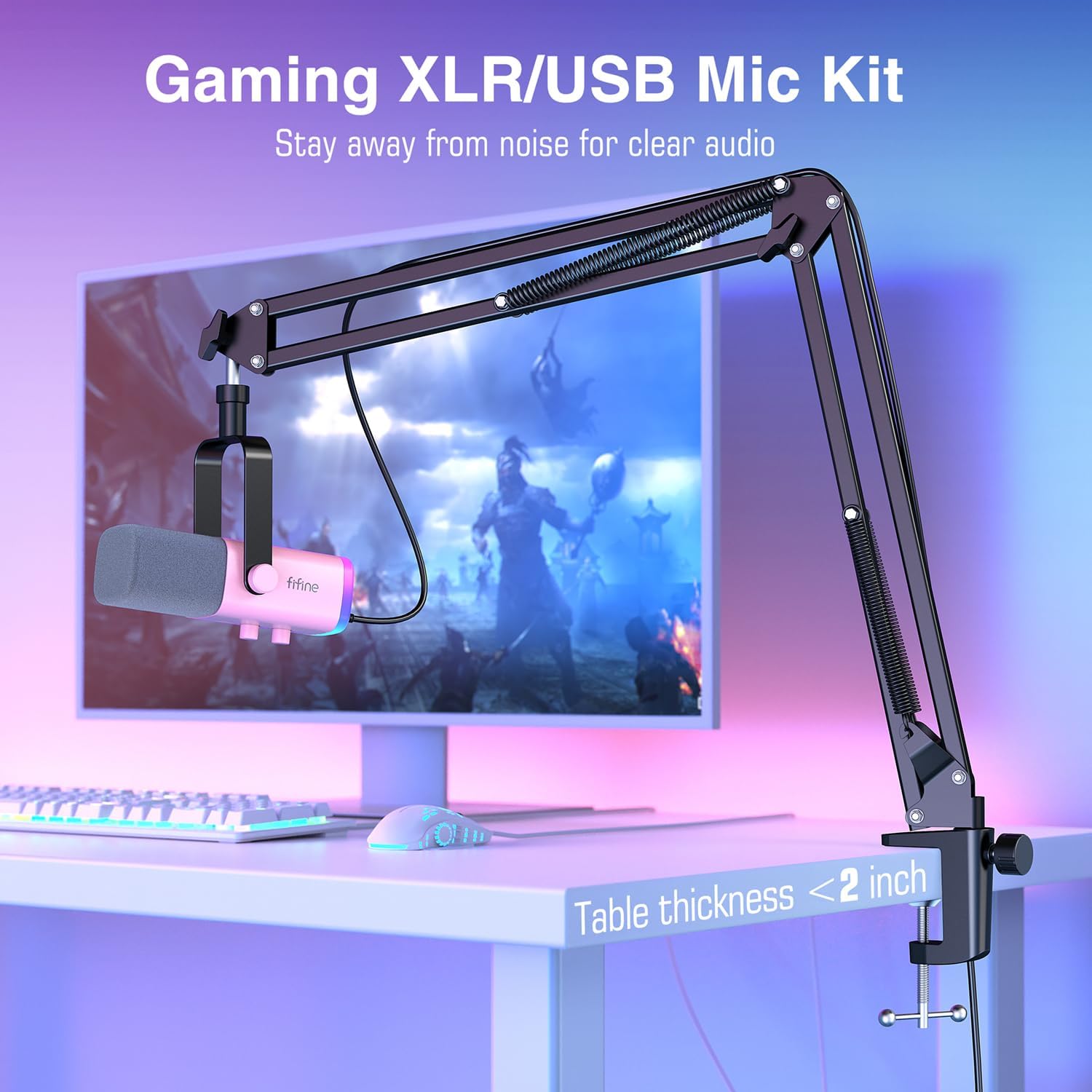 FIFINE Gaming XLR/USB Microphone Kit and Audio Mixer, Streaming Dynamic Mic Set for PC,with Headphones Jack,Gain Knob,Arm Stand,PC Mixer with XLR Interface,for Video(AM8TP+SC3W)