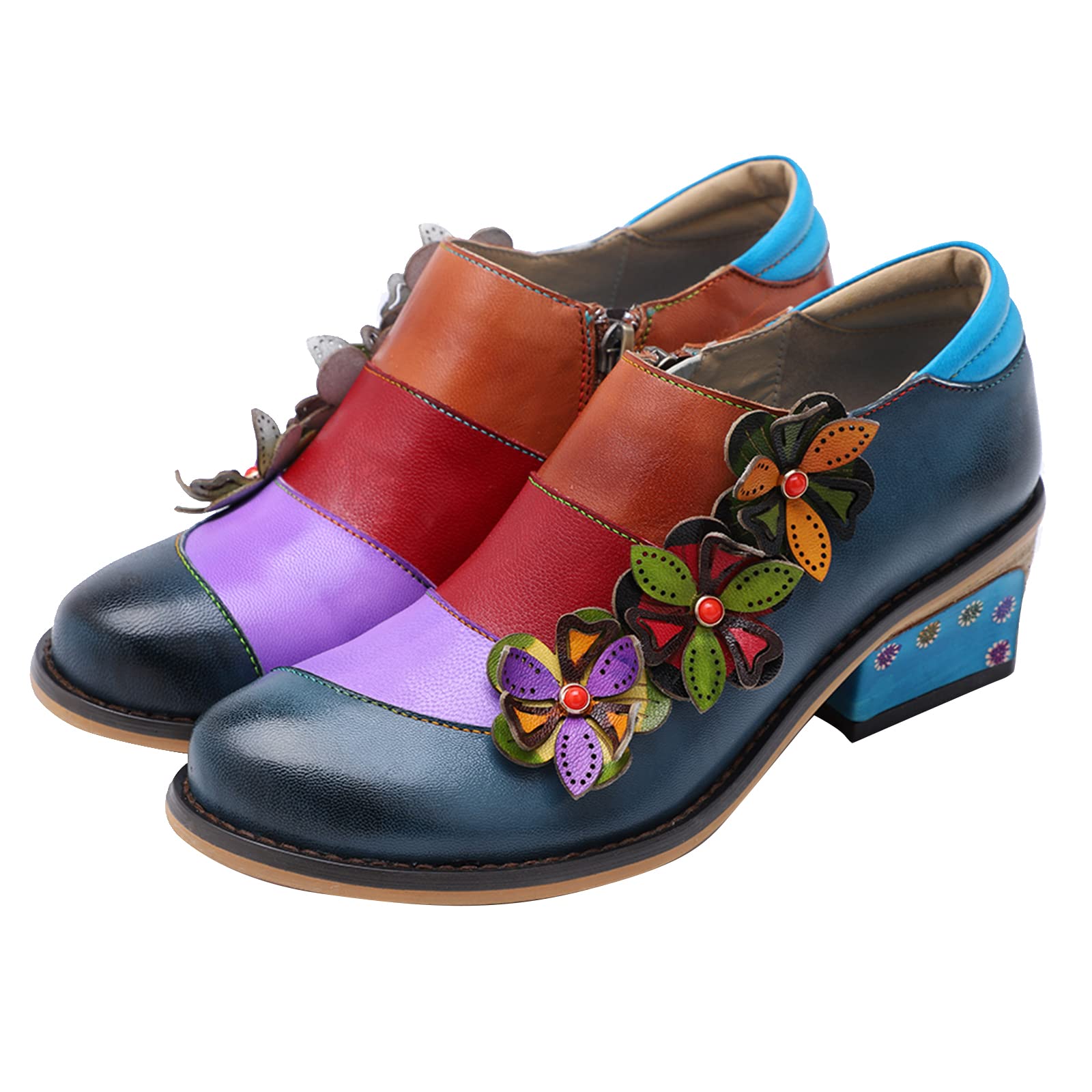 Riutiru Women's Handmade Lambskin Mary Jane Loafers Shoes, Retro Ethnic Print Style and Brock-Style Design