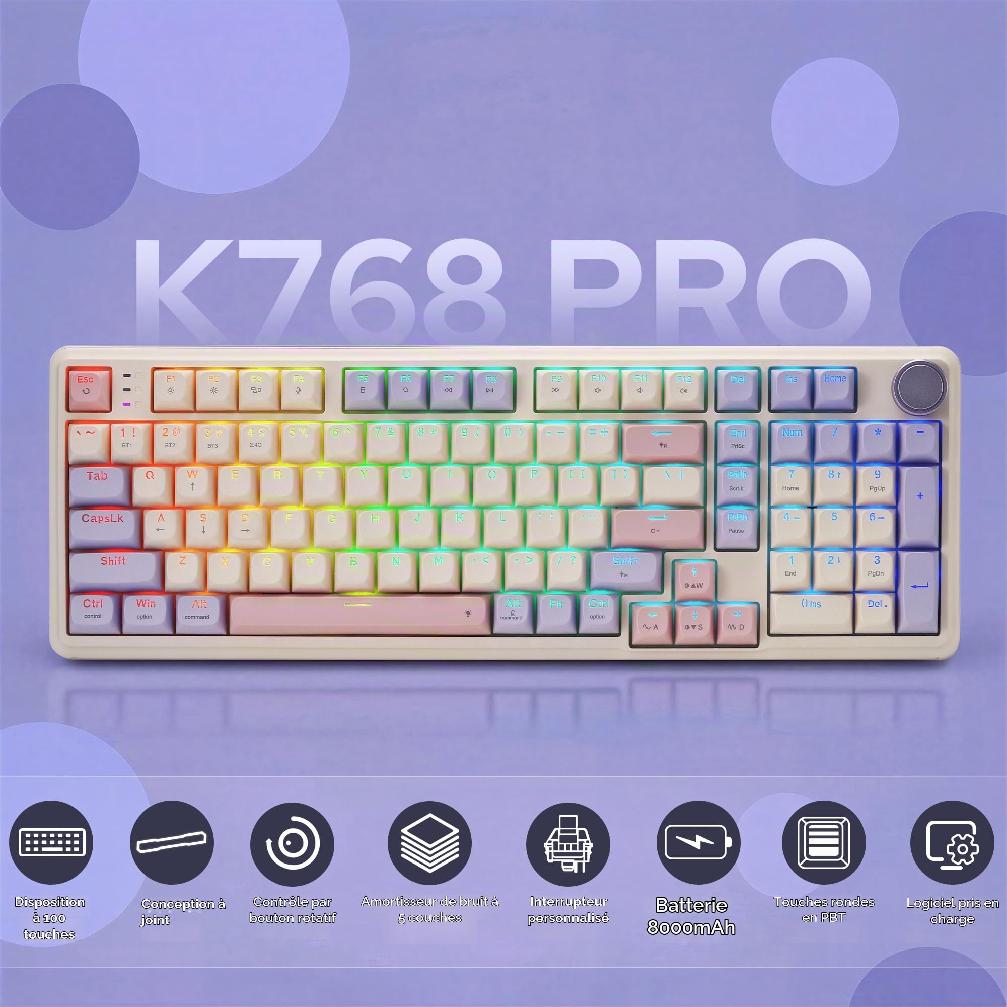 Redragon K768 Pro Clavier sans Fil RVB 100 Touches 8000mAh | Clavier sans fil RVB 100 touches grosse batterie 8000mAh PBT hot swap bouton controle 5 couches amortissement pour jeu