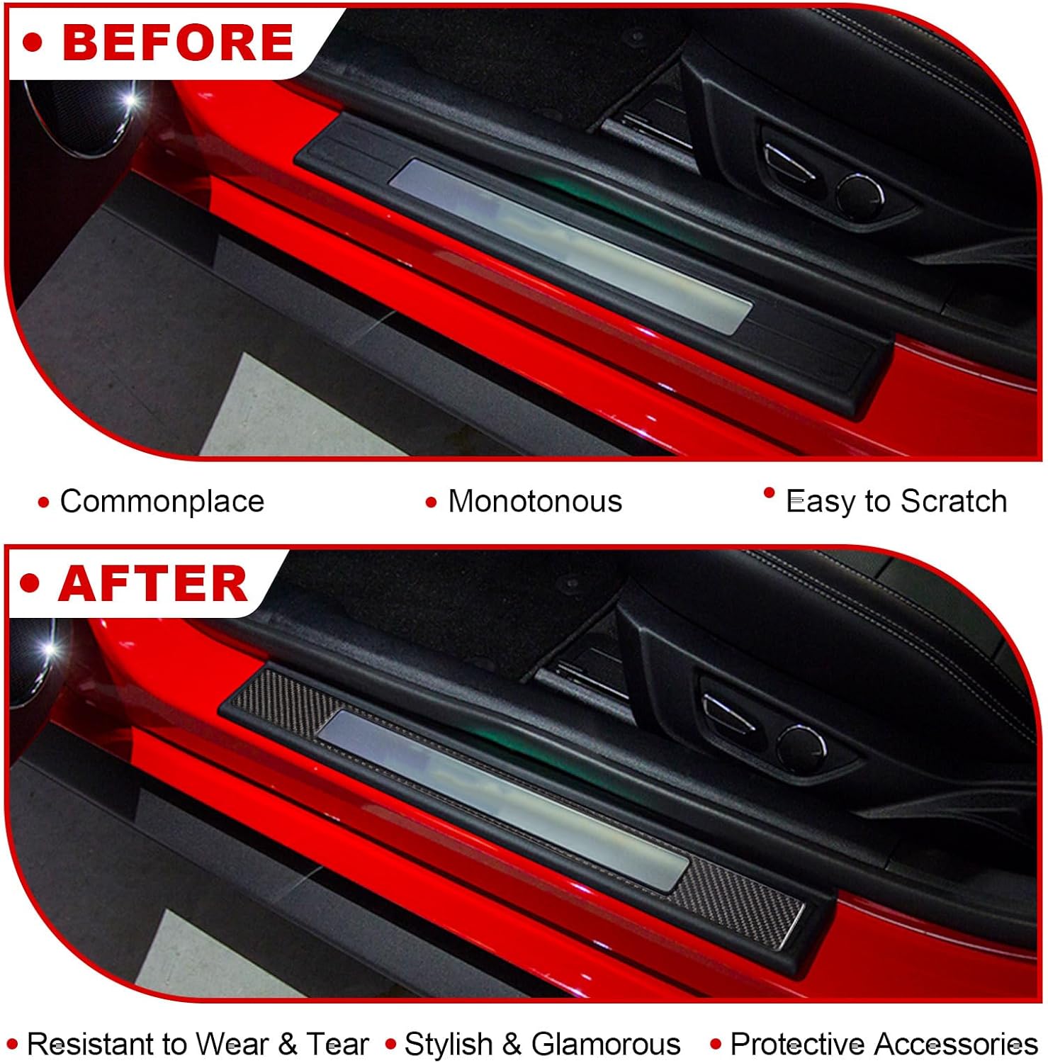 Real Carbon Fiber Door Sill Protectors Compatible with Ford Mustang 2015-2023, Interior Door Sill Guards & Edge Scratch Shields