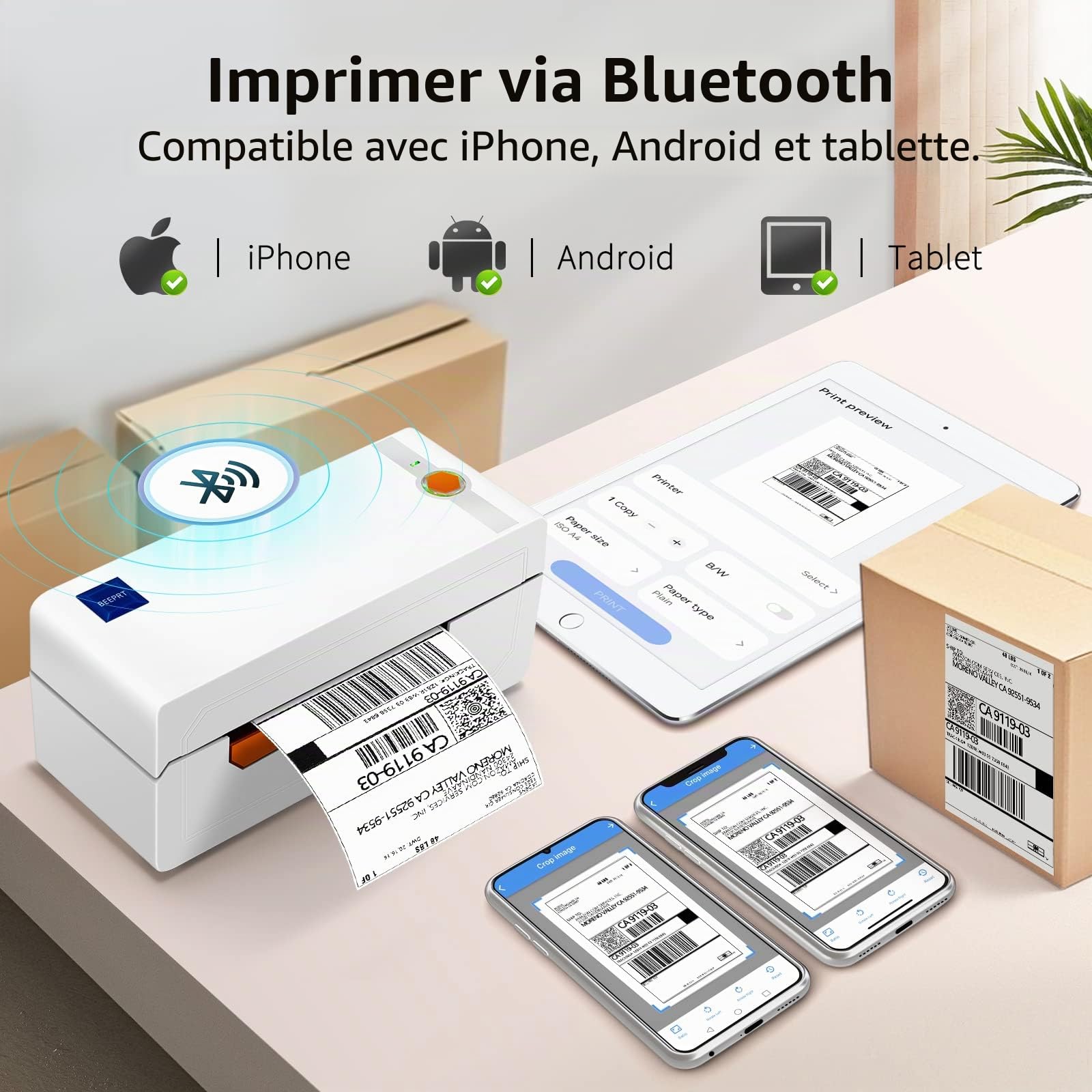 JADENS Imprimante Bluetooth d'étiquettes thermiques 4 x 6 pour expédition 203 DPI, 4-10,4 cm, compatible Hermes, Royal