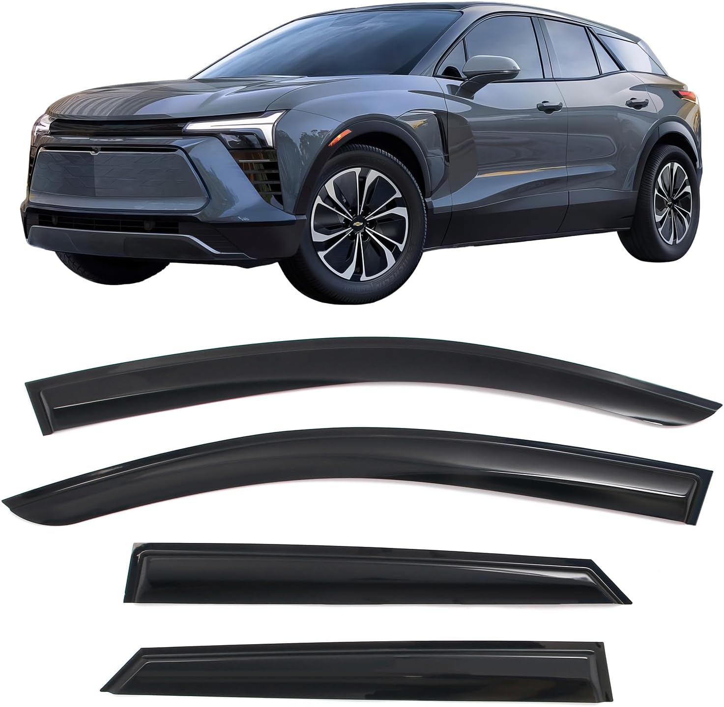 IKON MOTORSPORTS Tape on Window Visors Compatible with 2024-2026 Chevrolet Blazer EV, Mugen Style Acrylic Somke Rain Guards, Side Window Wind Deflectors 4PCS