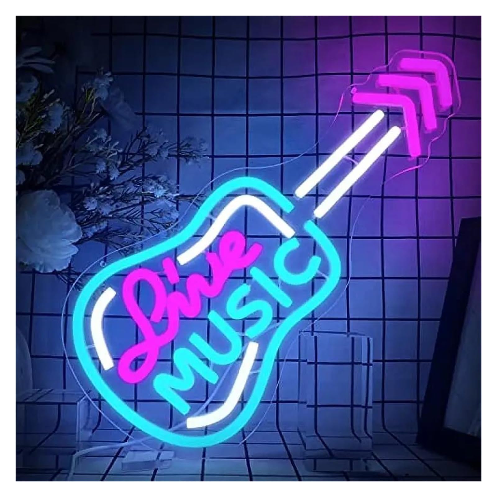 Luci al Neon Da Parete Insegna Al Neon Live Music A Forma Di Chitarra Per Decorazioni Da Parete, Luci Dimmerabili, Alimentazione Tramite USB, Per Illuminate, 42cm×19cm