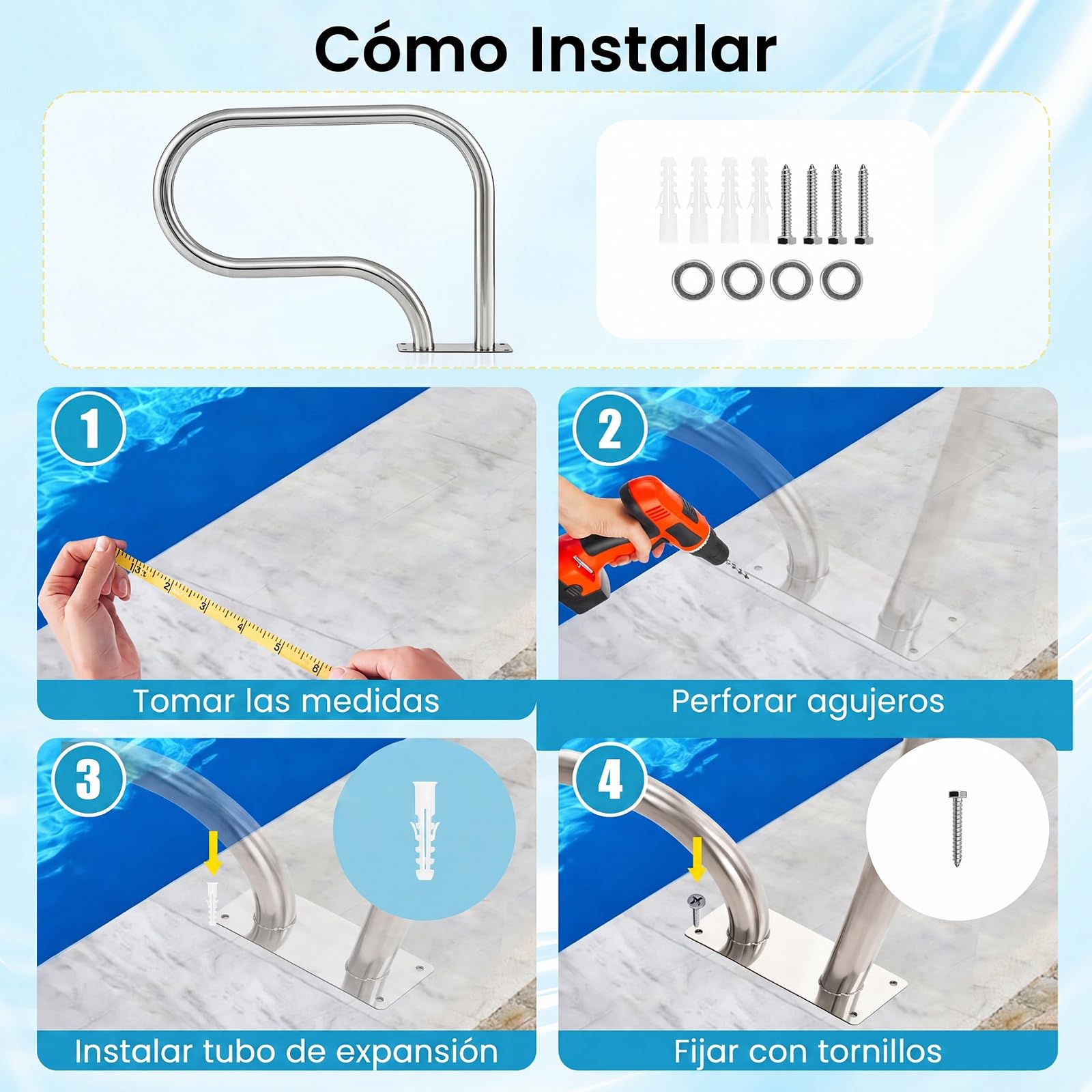 COSTWAY Pasamanos para Piscina de Acero Inoxidable, Barandilla de Seguridad para Piscina con Carga de 180 kg y Montaje Fácil, Barra de Mano para Entrada y Salida de SPA Parque Acuático (82,5 x 57 cm)