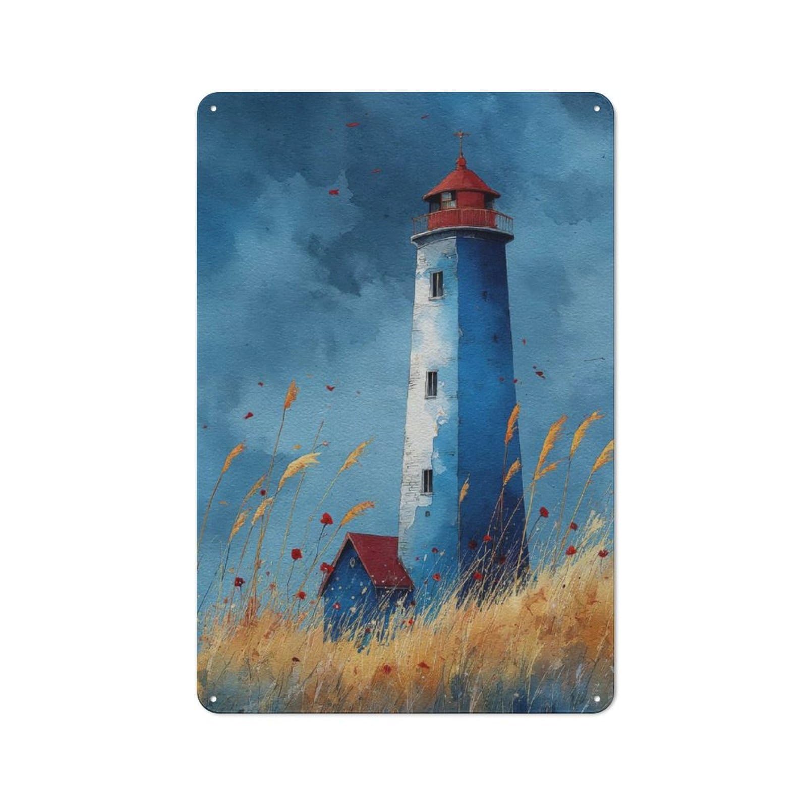 Junmoney Watercolor Lighthouse Art Blue Lighthouse Wi Th Grasses Calm Coastal Print Country Style Metal Wall Decor 30X20cm, Decorative Metal Sign For Kitchen, Cafe, Pantry Or Dining Room