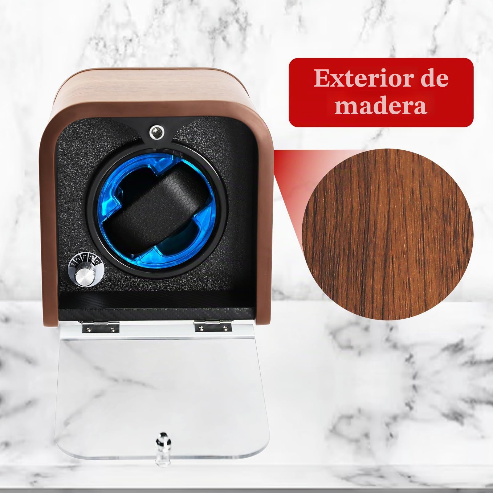Enrollador Automático para Relojes, Enrollador Individual con 4 Modos de Rotación/Luz LED Azul/Tecnología Smart Stop/Almohadilla de Espuma/Motor Silencioso/Vitrina de Madera para Relojes Automáticos