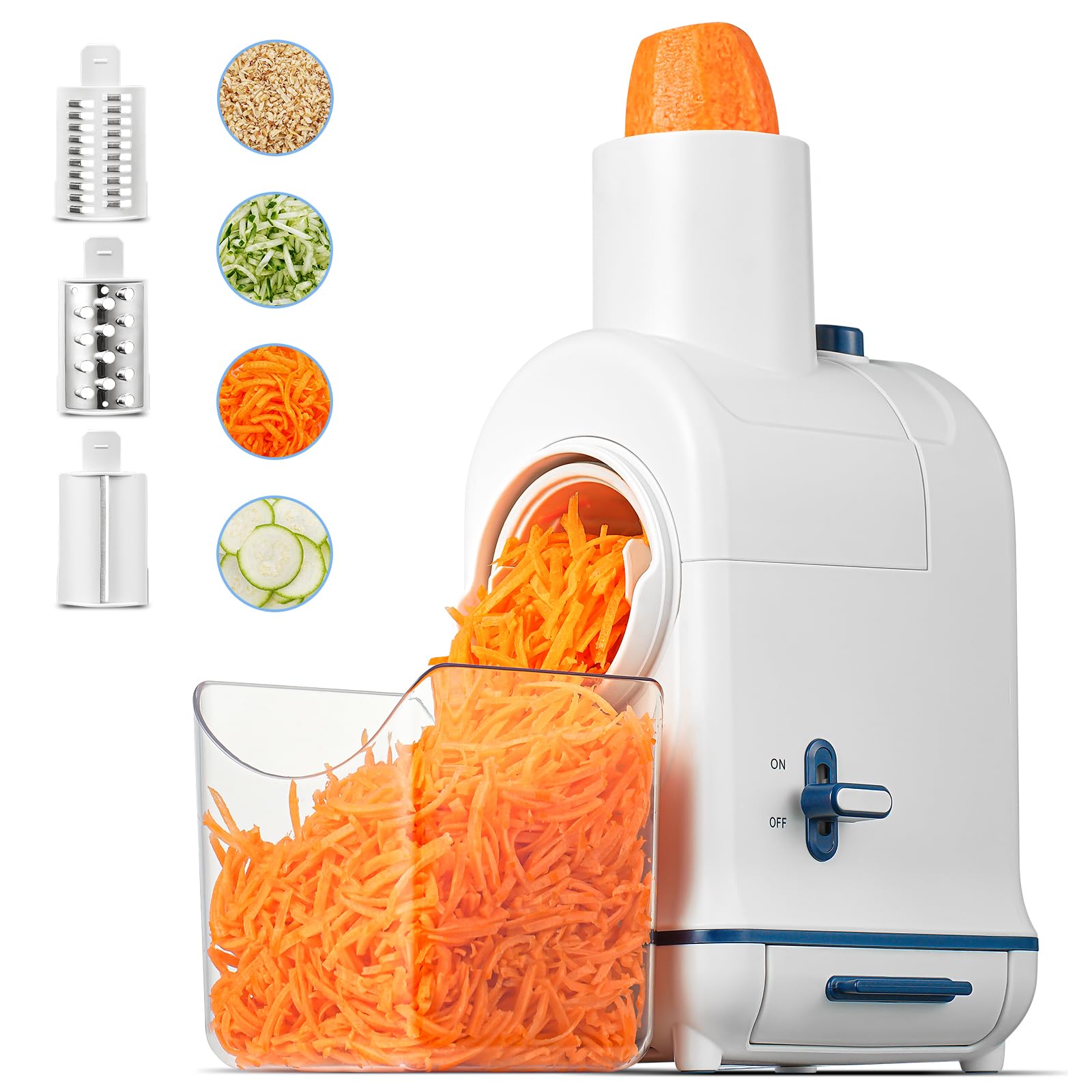 Rallador electrico, Aobosi Cortador Verduras Electrico con Gran Tolva para Zanahorias Enteras,Patatas, 3 Cuchillas y Motor Silencioso, caja de almacenamiento-Actualizar