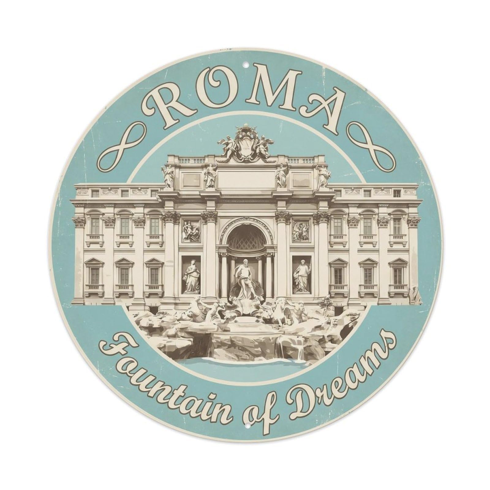 Vintage Travel Rome Trevi Fountain Metal Tin Sign Plaque Wall Decor for Cafe, Club, Garden Round Metal Poster 8x8Inch