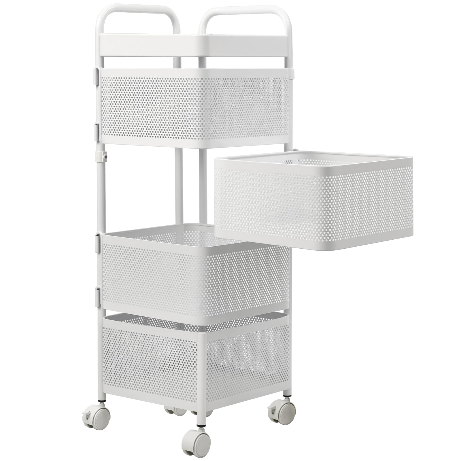 [ColoLife] キッチンワゴン 収納カート キャスター付き 360°可動 小物 隙間収納 4段 回転式 天板付き 取っ手付き 調味料ワゴン 大容量 通気性 オール合金構造 組立不要 取り外し可能 収納ワゴン 洗面所 居間 リビング カート 一人暮らし 新生活向け (ホワイト, 4段)