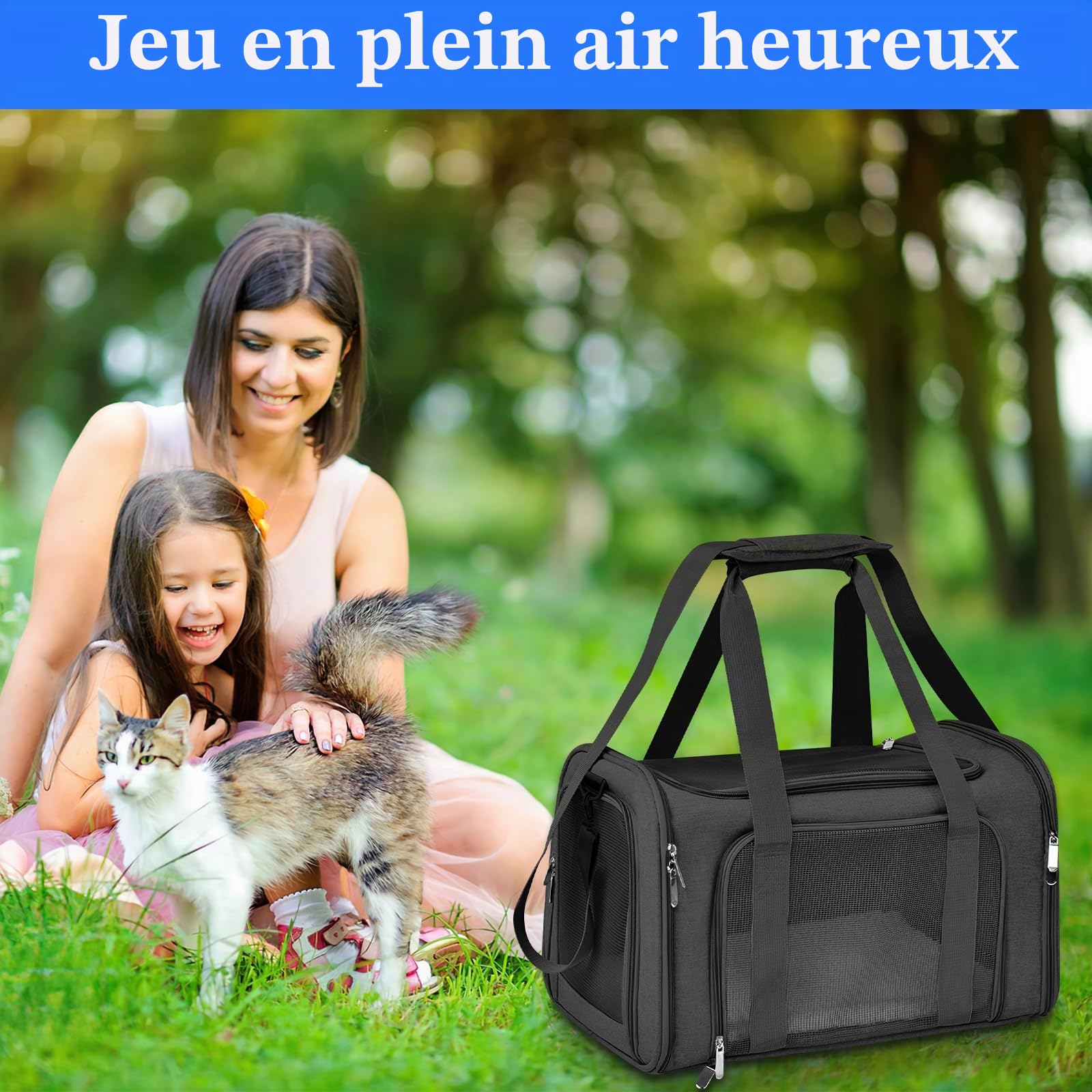 45x30x30 cm Sac de Transport pour Chat d'Extérieur Pliable et Respirant, Caisse de Transport Chat avec Matelas Souple, Sac Chat Transport pour Chat et Chien Voyage en Train/Voiture(Noir)