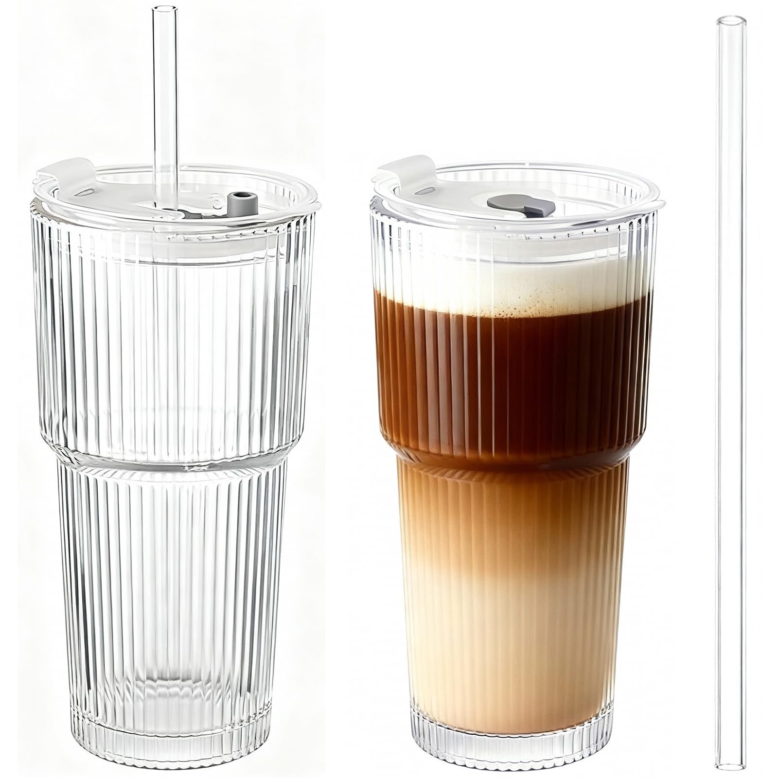 2-Pack 600ml Ribbed Cups with Lids and Straws, Large Embossed Drinking Set for Iced Coffee, Smoothies, Tea, Water – Reusable Tall Tumbler Set for Home, Office, Gifts