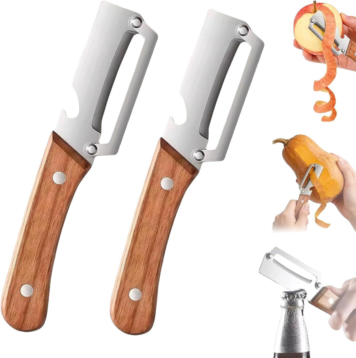 Zero-Snag Wooden Kitchen Tool,2026 Upgrade 2-In-1 Multifunctional Vegetable Peeler for Kitchen,Wooden Handle Peeler,Stainless Steel Peeler With Woodens Handle, for Peeling & Opening Bottles (2PCS)