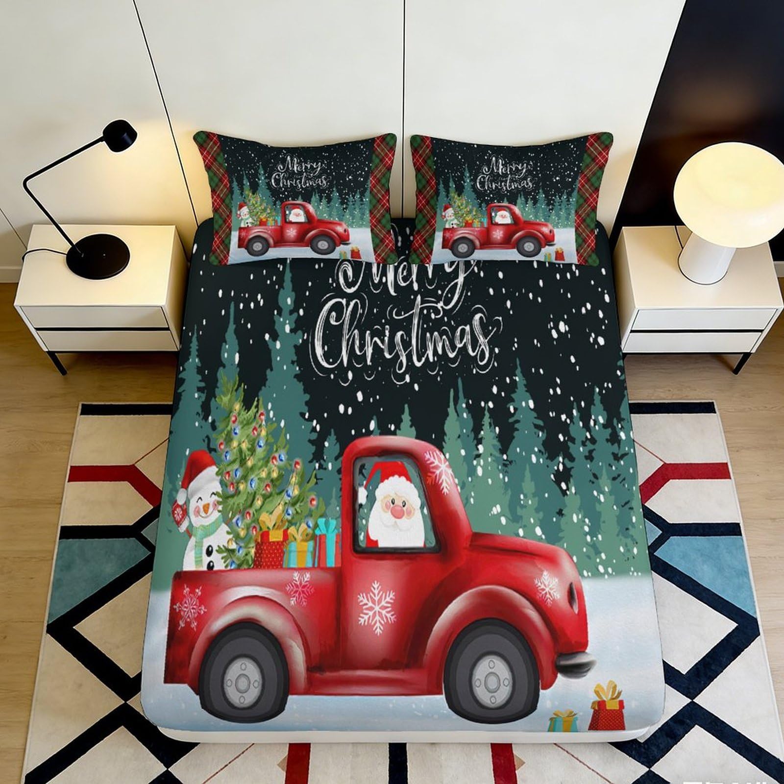 3D Printed Christmas Red Truck Fitted Sheet Microfiber Non-Slip Deep Pocket Xmas Forest Mattress Fitted Cover Washable Bedding 200x200x25cm 90x200x25cm