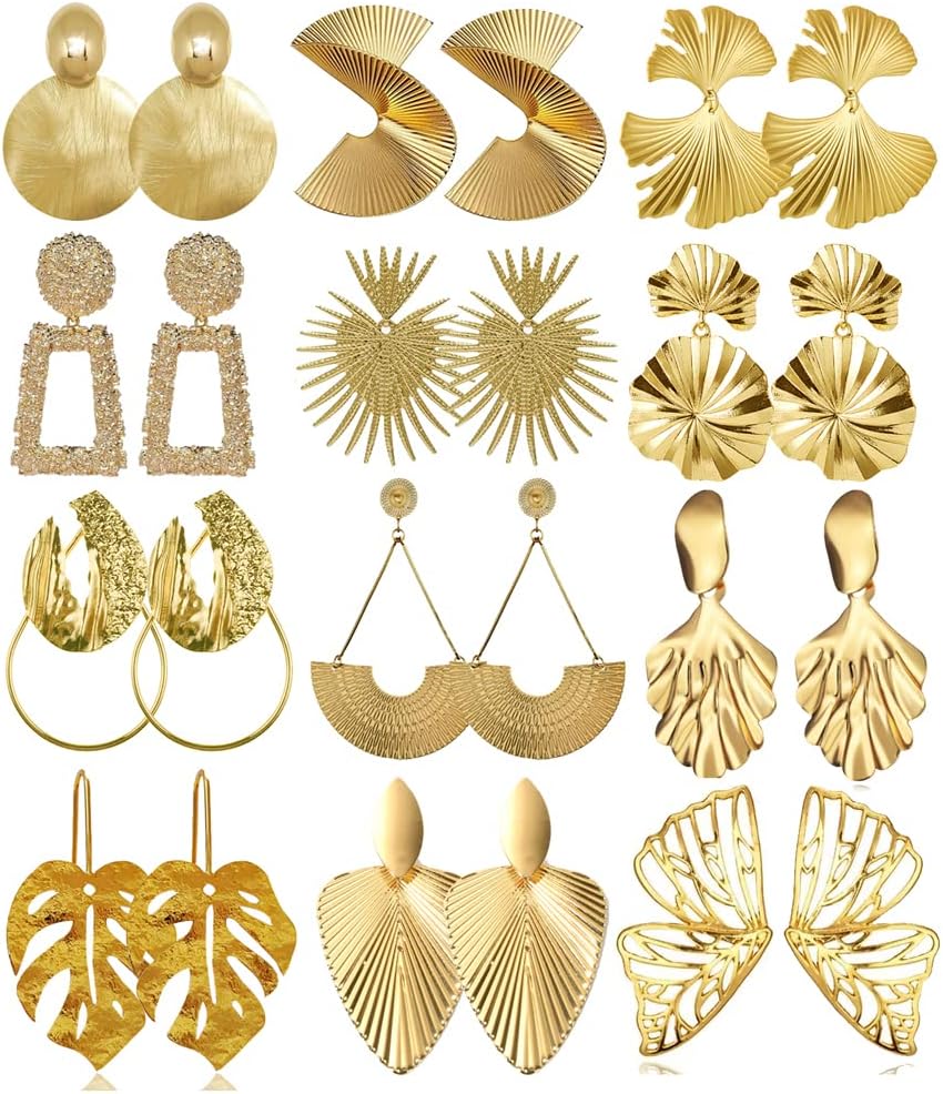 12 Pairs Gold Silver Geometric Earrings Exaggerated Statement Earrings Punk Stylish Sectored Twisted Earring Jewelry for Women(Gold)