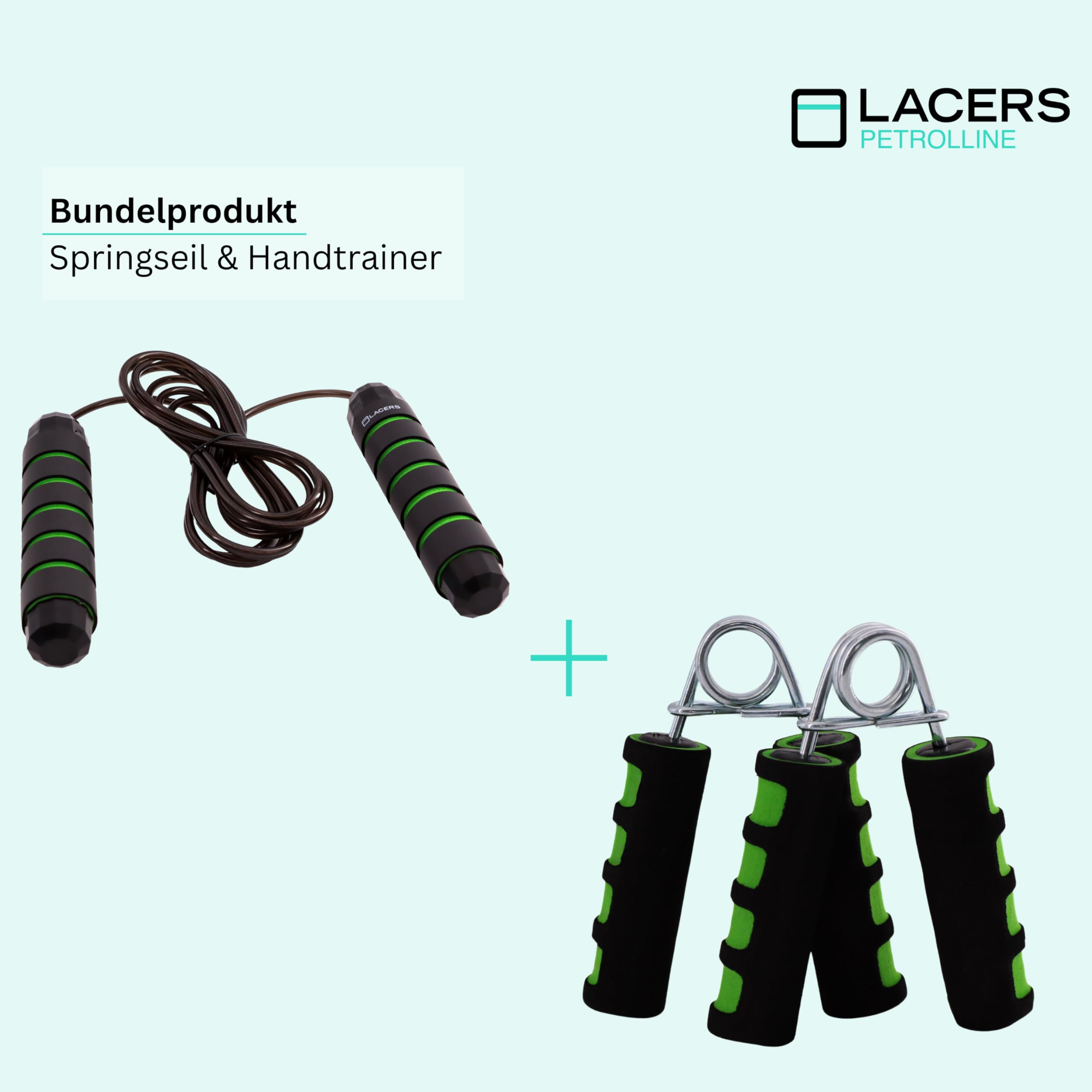 Lacers Petrolline - Bundle - Handtrainer im 2er Set - Handgriffverstärker - rutschfesten Schaumstoffgriff und einem verstellbaren Fitness-Springseile 275cm - ideal für ein vielseitiges Training