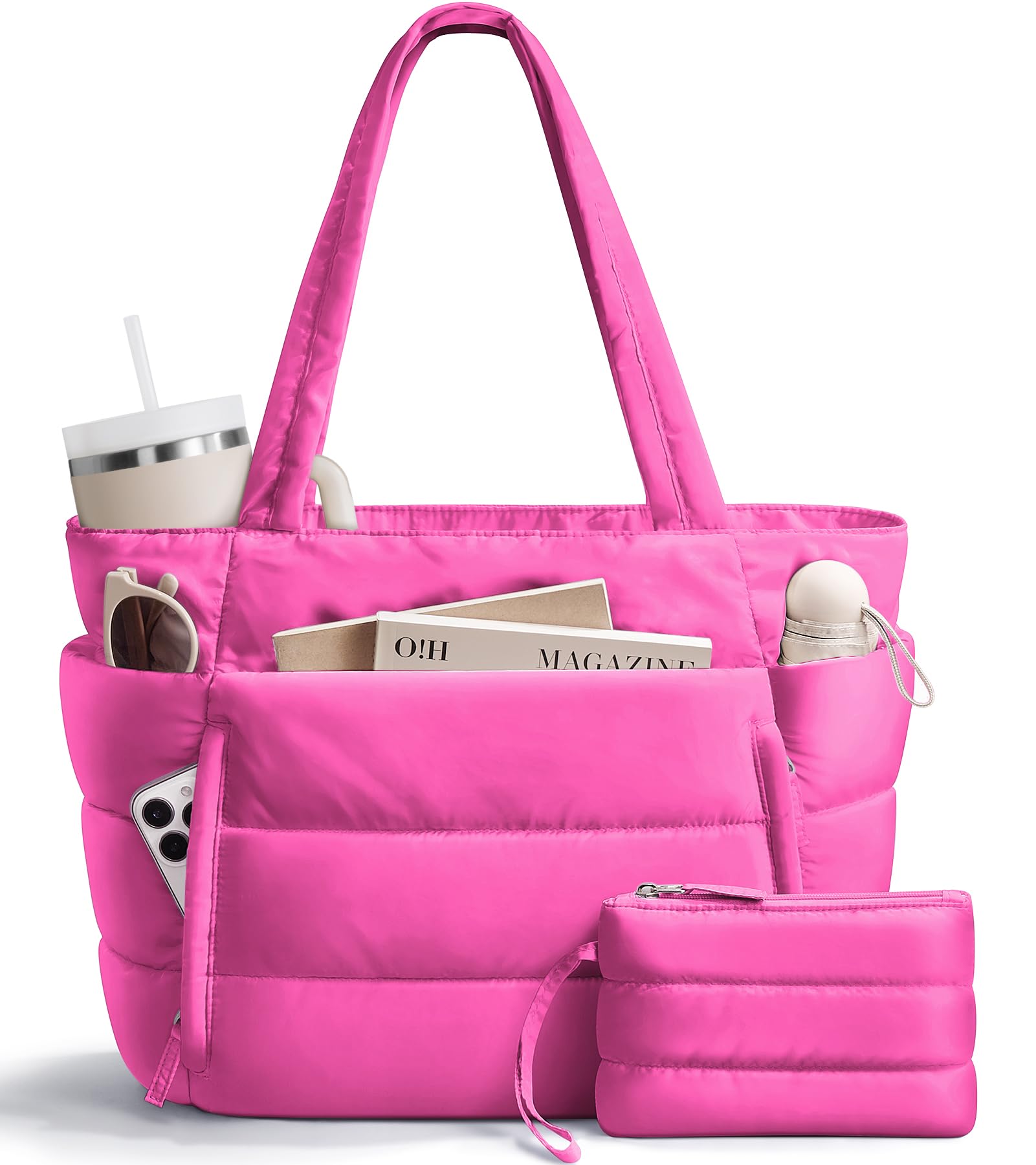 Puffer Tote Bag for Women Lightweight Puffy Work Handbag Teacher Nurse Quilted Shoulder Bag for School Travel Gym