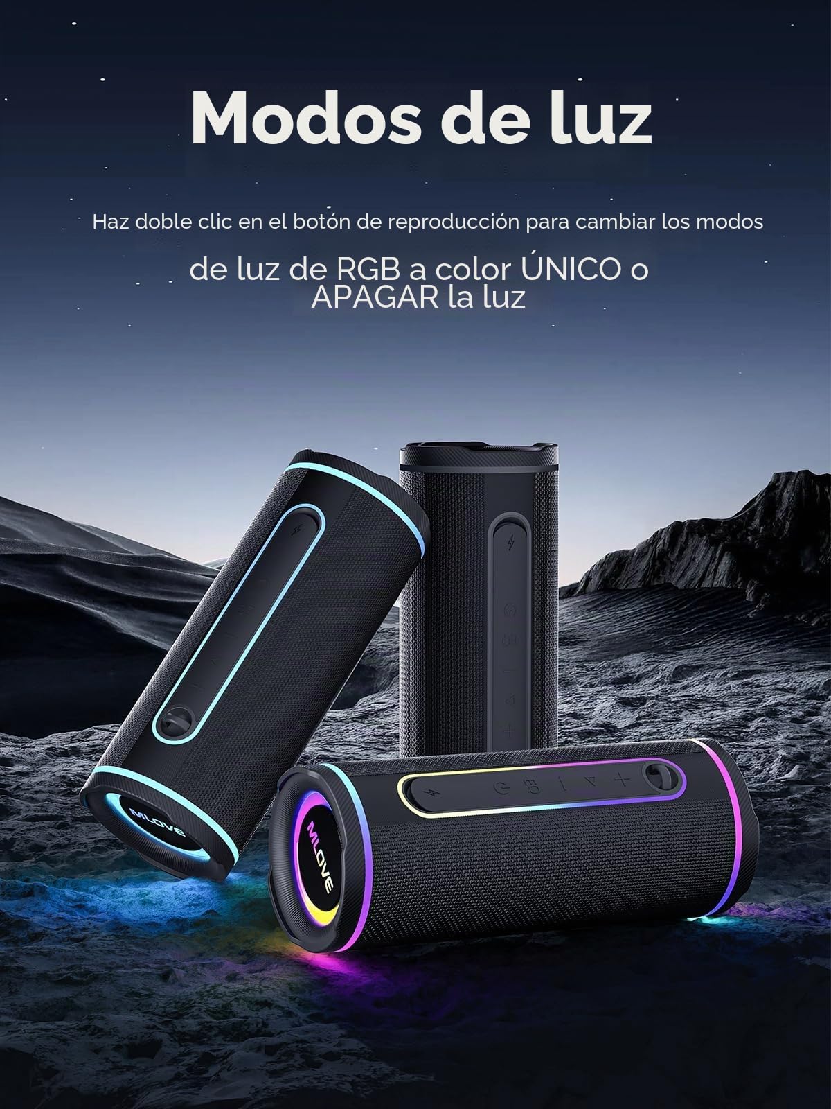 MLOVE E80 Altavoz Portátil Bluetooth Inalámbrico Impermeable RGB LED Luz True Wireless Stereo, Bluetooth 5.4, Bass Boost, Micro-SD, Jack 3,5mm, Carga Type C, Negro