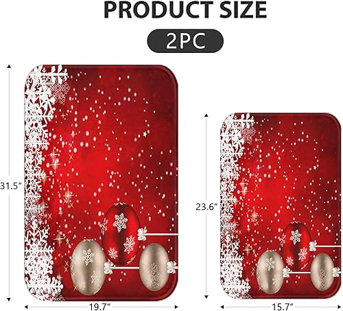 Miniatura 2 de ArtSocket Juego de 2 alfombras y tapetes de baño de Navidad, antideslizantes, bola roja de copo de nieve, tapete de baño de microfibra absorbente de