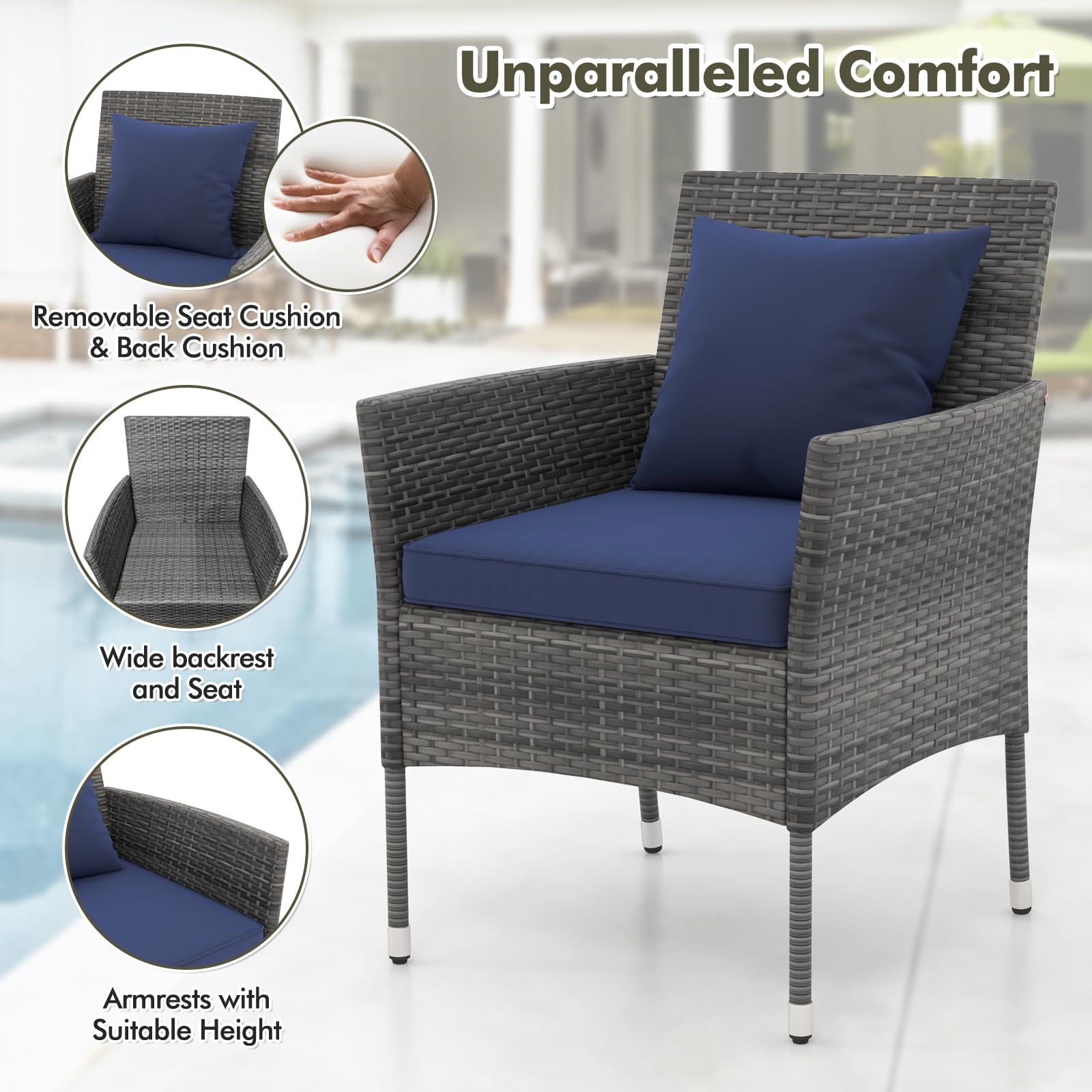 DORTALA Wicker Patio Furniture Set 3 Piece, Small Outdoor Table & Chairs with Tempered Glass Tabletop, Cushions, Rattan Conversation Bistro Set for Balcony, Porch, Backyard, Deck, Mix Gray+Navy - 2