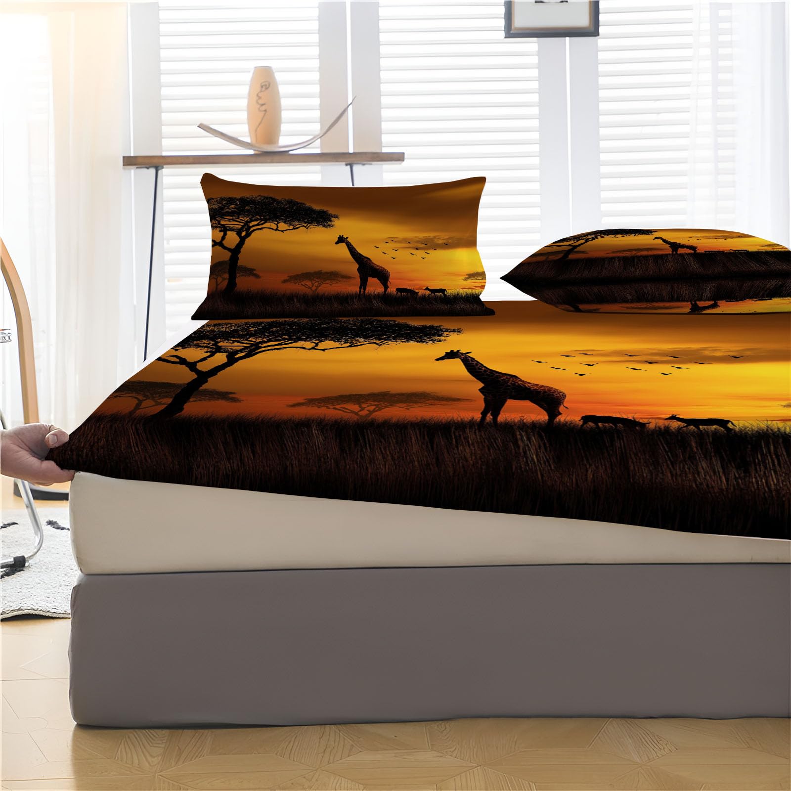 Sábana Bajera Ajustable De Jirafa De Sabana 200X190/200Cm, Juego De Ropa De Cama De Animales Africanos, Naranja Quemado, Sábana Bajera De Set (Sin Sábanas Encimera) Microfibra Suave Lavable