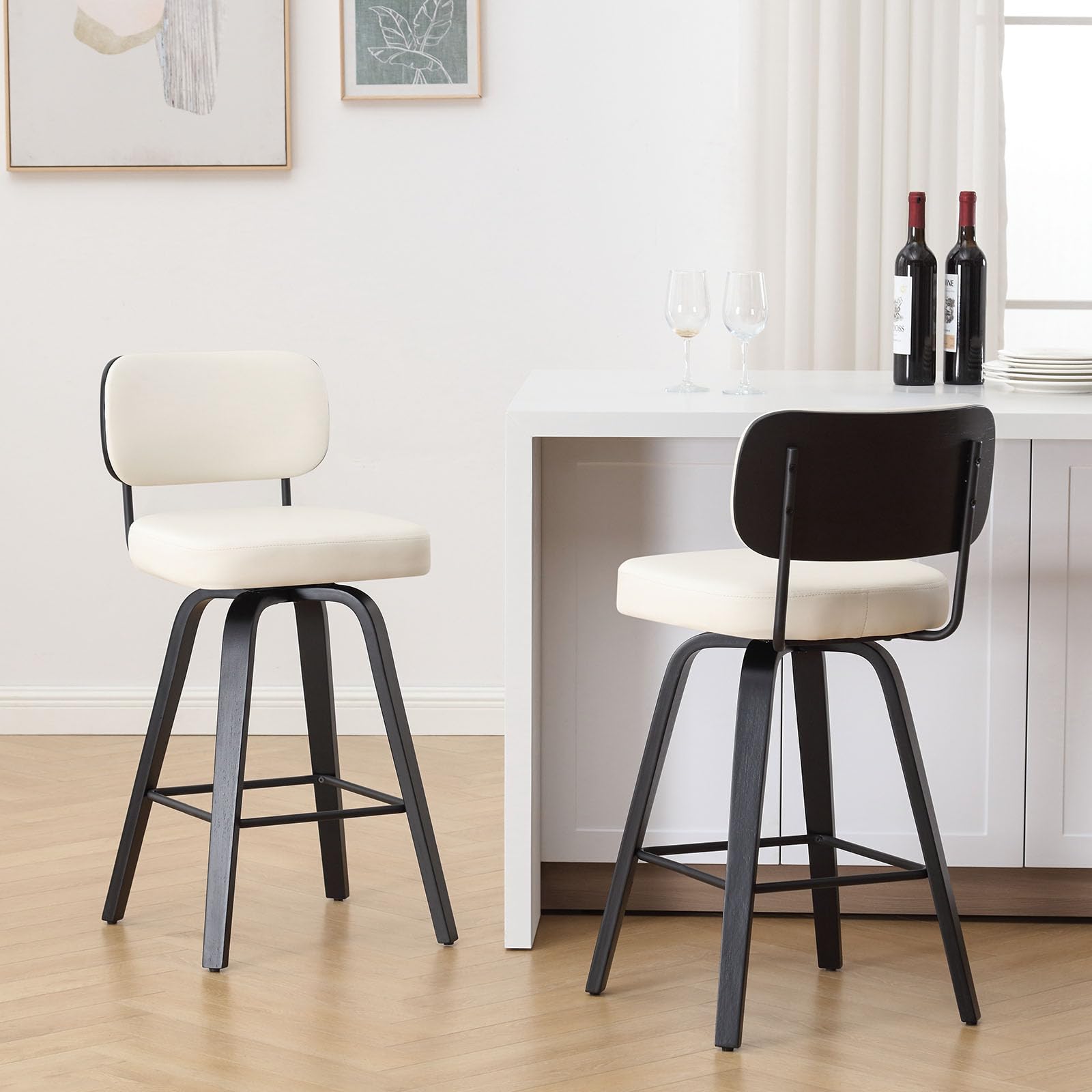 Bekrvio Swivel Bar Stools Set of 2, 65CM Upholstered Faux Leather Backrest and Bent Wood Legs, Mid Century Modern Bar Chair Island Stool for Kitchen Counter, Black Wood Frame, White