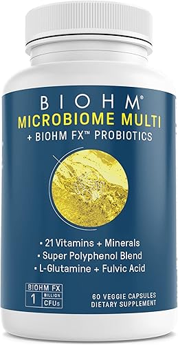 BIOHM Multivitamínico para mujeres y hombres, microbioma multi con probióticos (60 cápsulas, 30 porciones) 21 vitaminas y minerales, té verde,