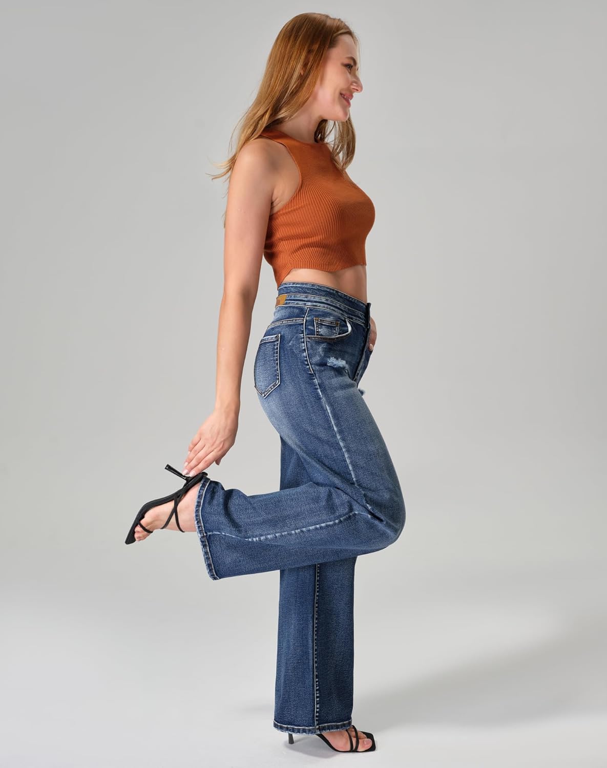 roswear Stretchy Loose Jeans for Women Wide Leg High Waisted Baggy Denim Distressed Pants - Image 8