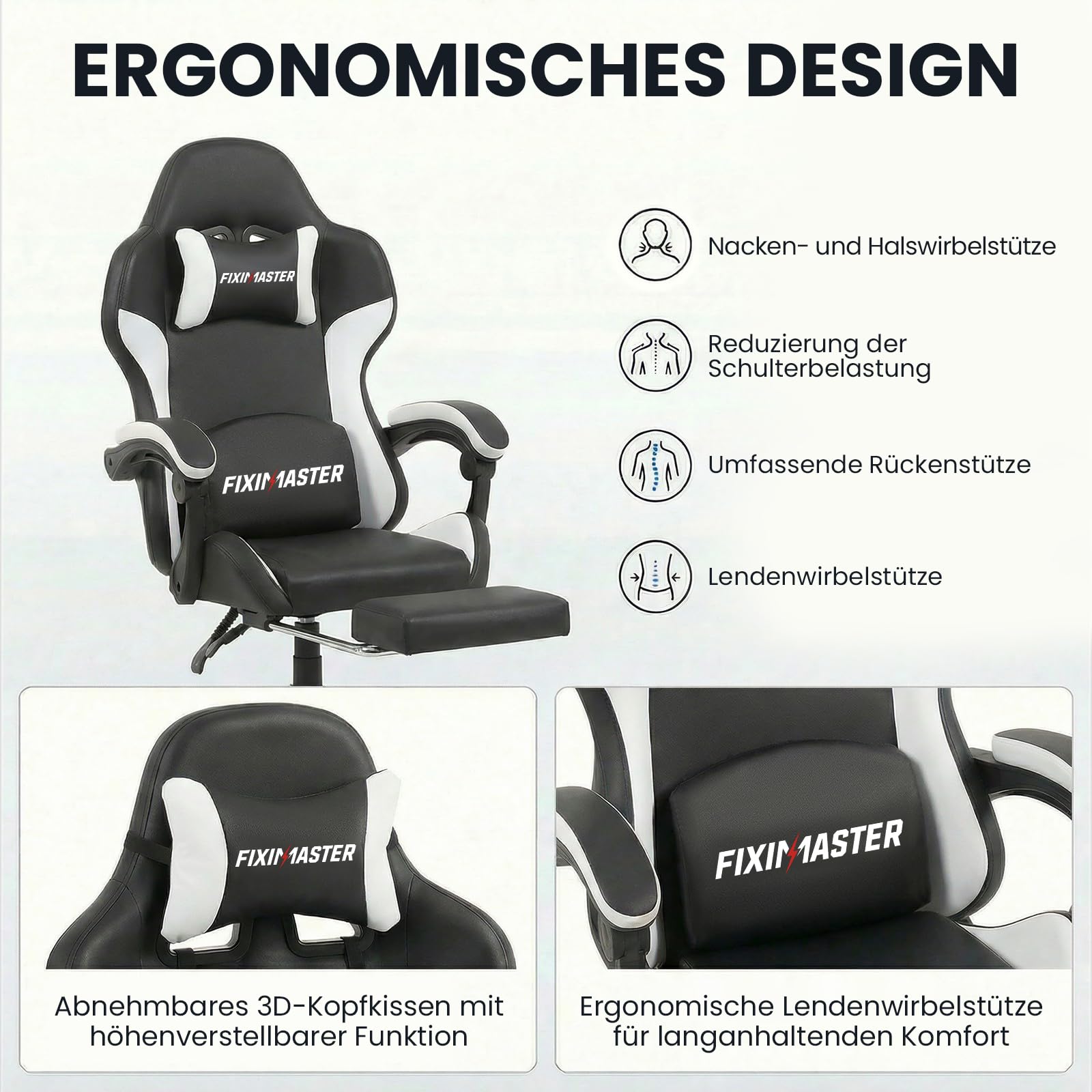 Bürostuhl Ergonomisch mit Fußstütze, Schreibtischstuhl, Racing-Design, Lenden- und Kopfstütze, PU-Kunstleder, Gaming Stuhl, Büro Stuhl, Computerstuhl, Neigbar bis 135°, Schwarz, 150KG