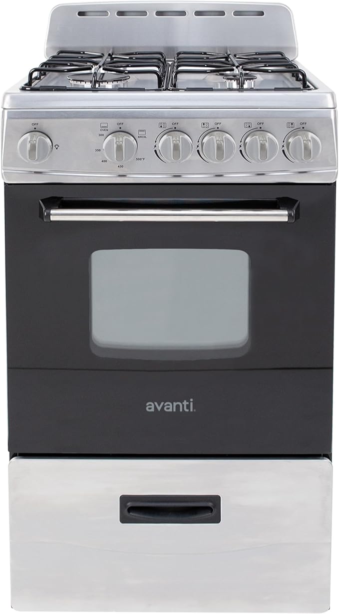 Avanti Gas Range Oven, Compact Freestanding Design, 4 Sealed Burners with Electronic Ignition, 2.1 Cu.Ft. Capacity Features Storage Drawer Broiler and Accessories, 20-Inch, Black