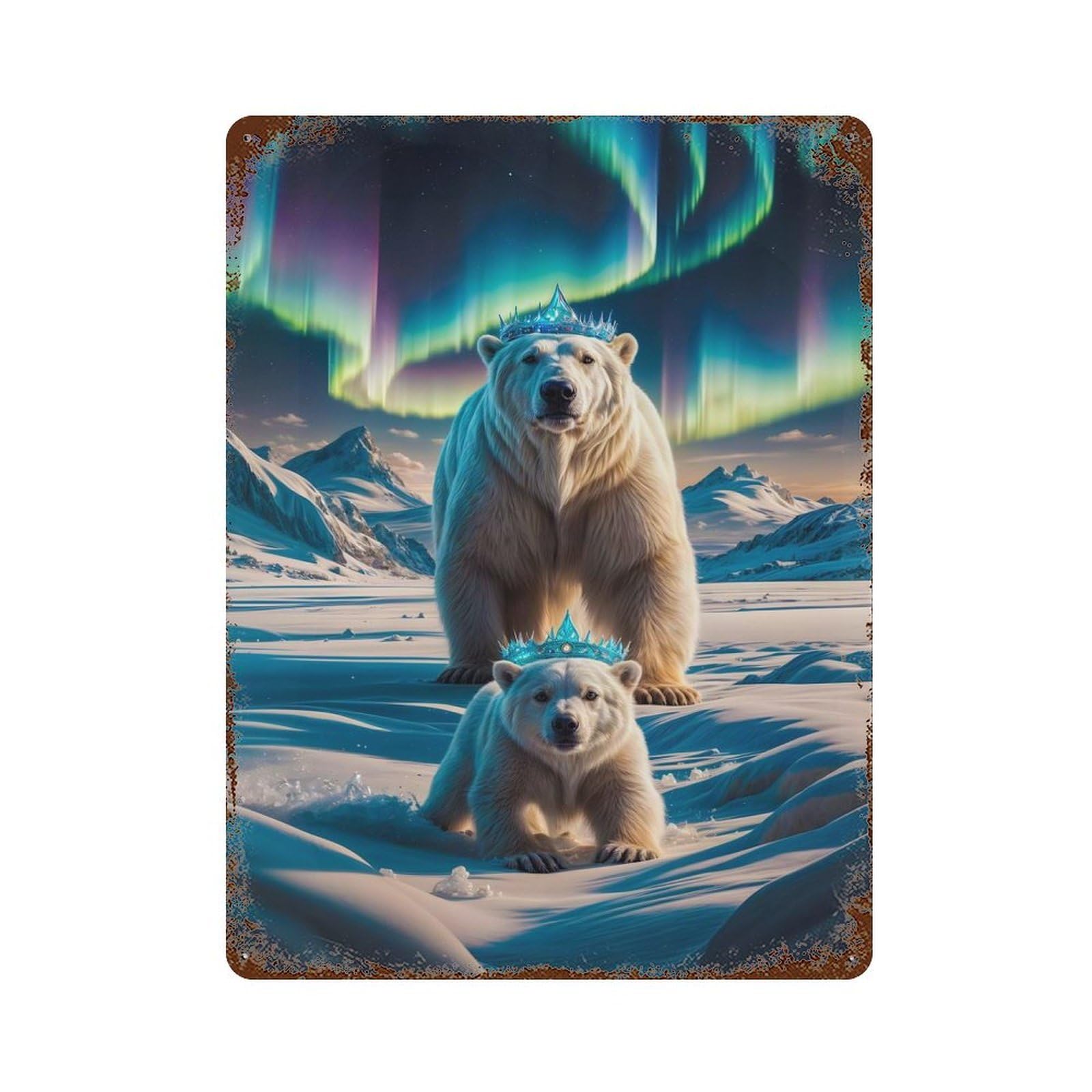 Aurora Crowned Polar Bears Weathered Tin Sign 15.7"x11.8", for Patio, Garden Room And Bar Decor, Farmhouse Wall Decor