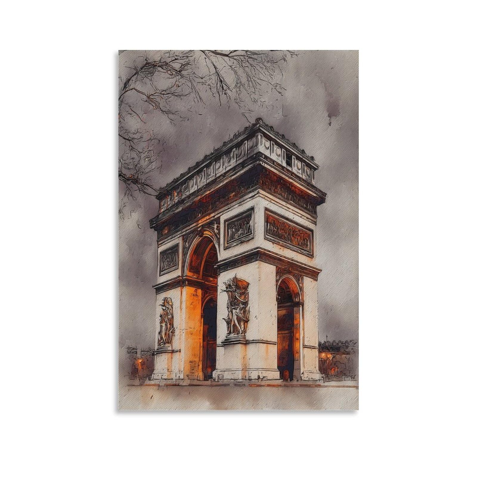 Cnaheiz Unframe-Style Paris France Arc De Triomphe 24X36inch(60X90cm) Vintage Travel Poster Watercolor Canvas Art